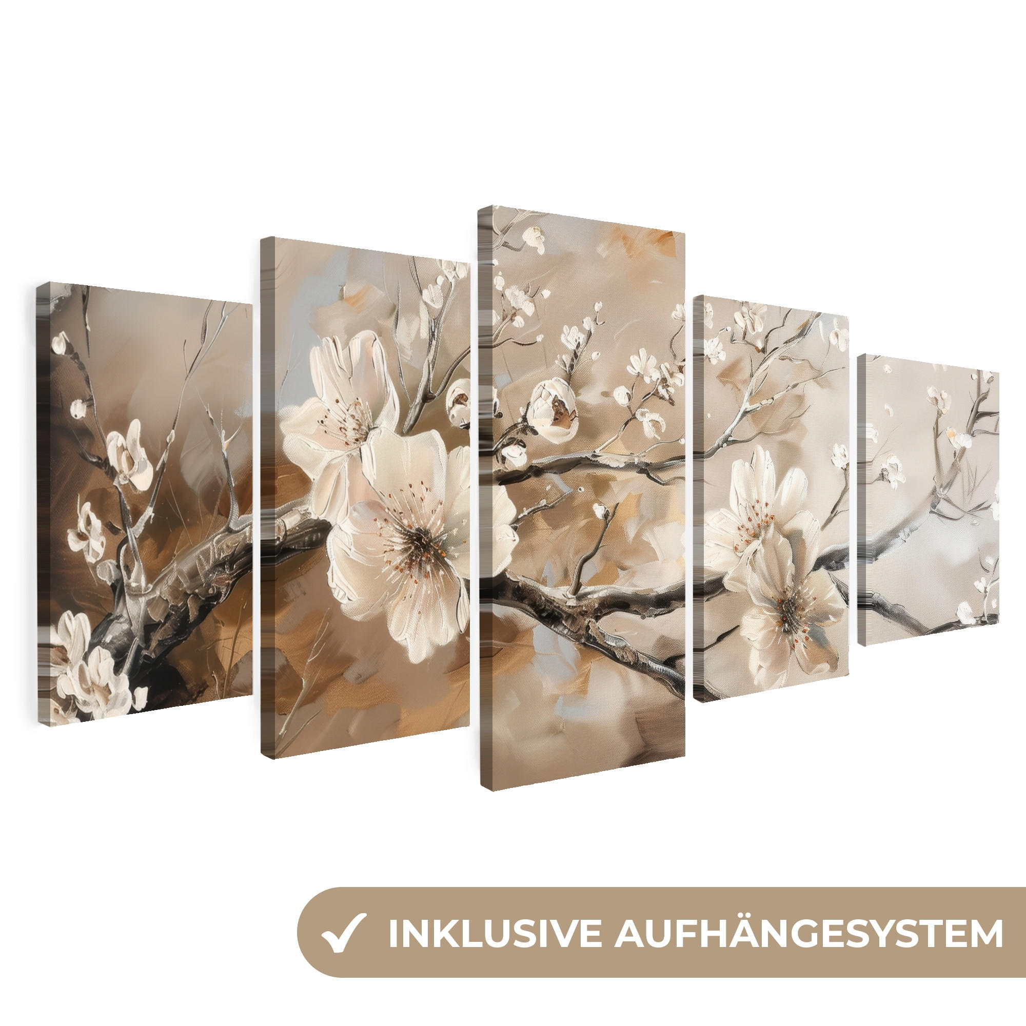 LEINWANDBILD 5er Set Blüte - Beige - Abstrakt - Blumen 200x100 cm - Hellbraun, Textil (200/100cm) - MuchoWow