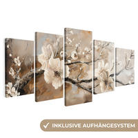 LEINWANDBILD 5er Set Blüte - Beige - Abstrakt - Blumen 200x100 cm - Hellbraun, Textil (200/100cm) - MuchoWow