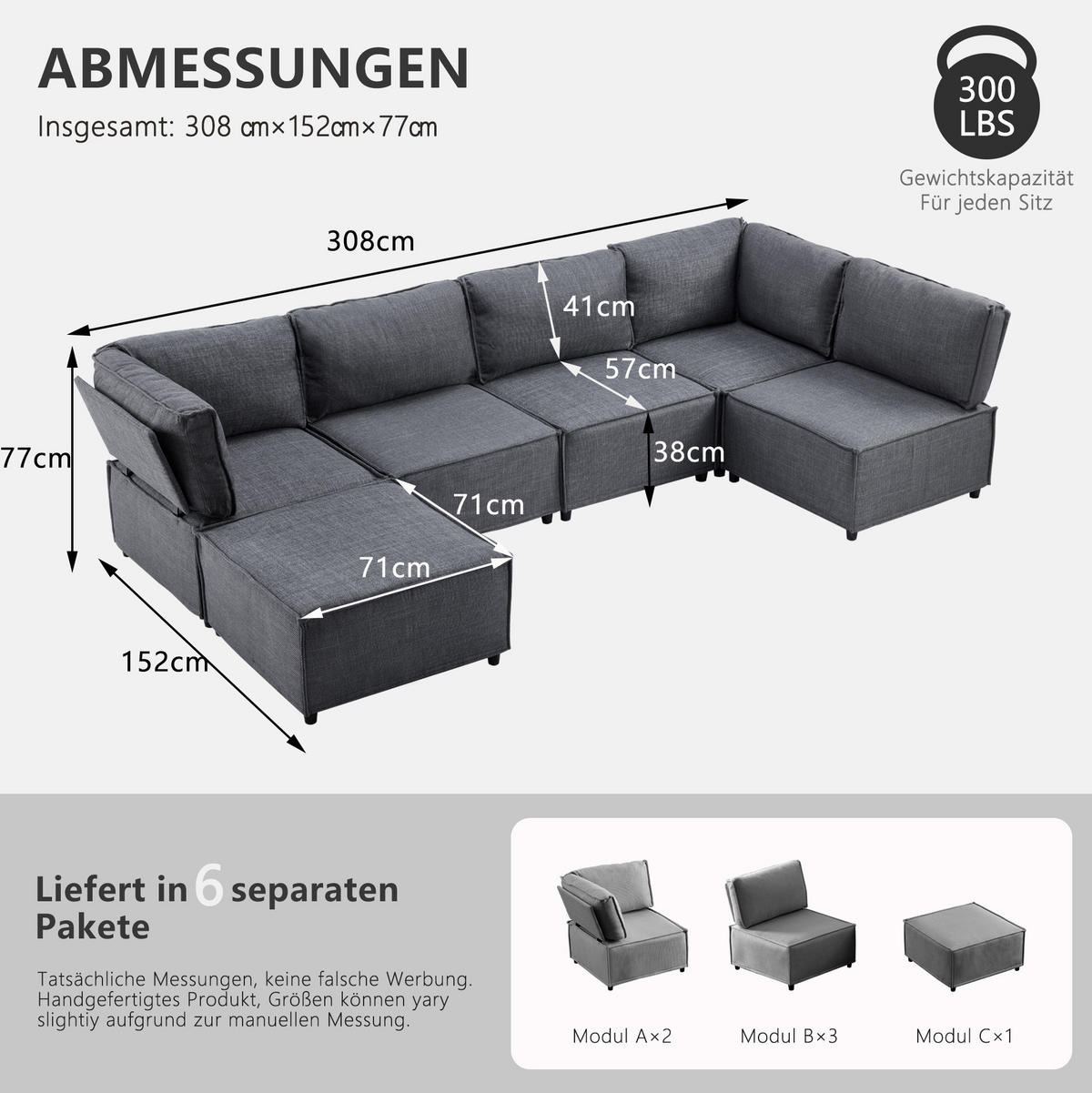 ECKSOFA 308/152/77 cm dunkelgrau aus Stoff und Sperrholz, zum Gästebett umbaubar - Dunkelgrau, Textil (152/308cm) - OKWISH