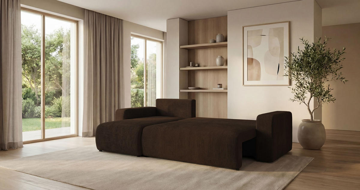 ECKSOFA PARIS links braun Cord Poso 6 - Schlaffunktion, Bettkasten - Braun, Textil (255/150cm) - Cornero