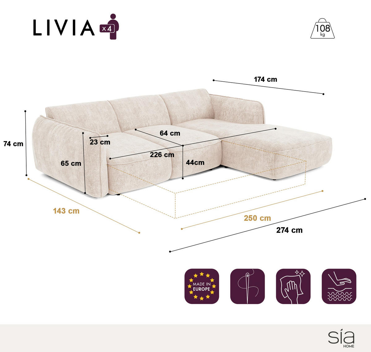 ECKSOFA RECHTS Bouclé-Stoff 274cm - Creme, Textil (274/174cm) - Sia Home