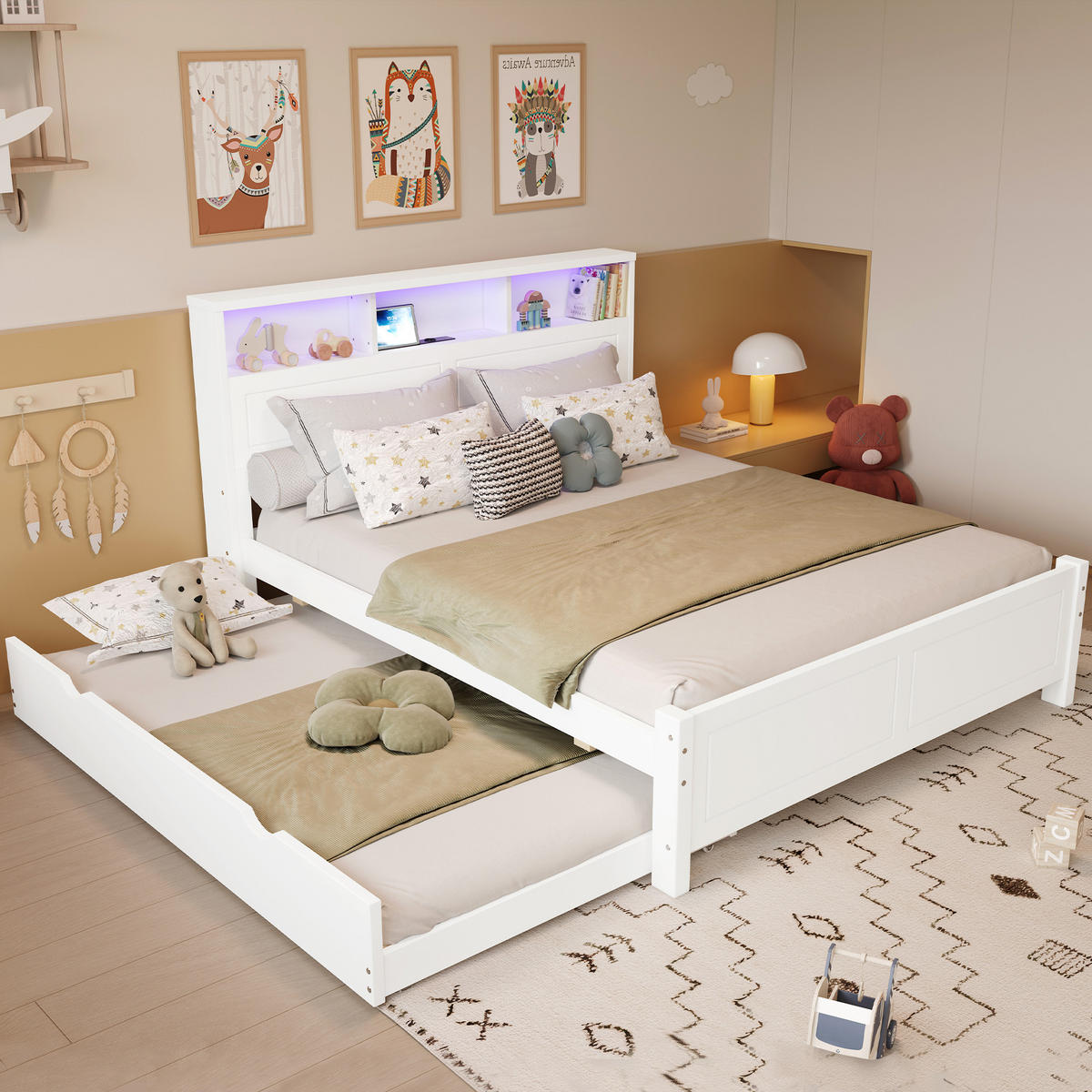 BETT 120/200 cm & 90/190 cm in Weiß mit Ausziehbett, LED, USB und Regal - Weiß, Holz/Holzwerkstoff (120/200cm) - WISHDOR