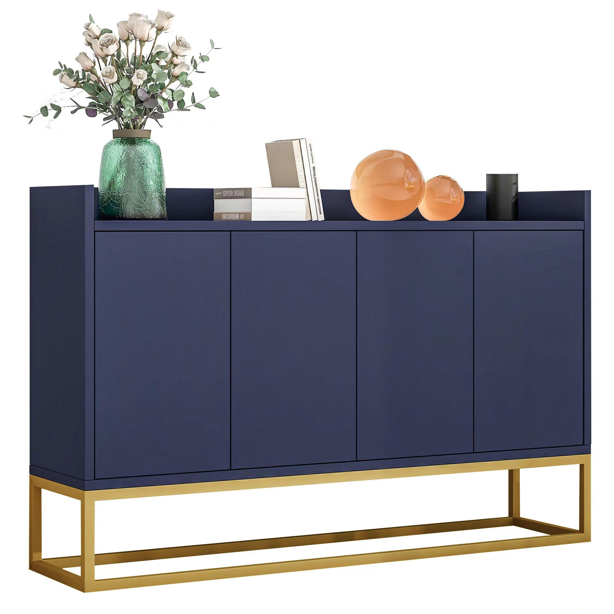 SIDEBOARD in Marineblau Anrichte mit 4 Türen für Esszimmer, Küche und Wohnzimmer, B120/T30/H80 cm - Goldfarben/Dunkelblau, Holzwerkstoff/Metall (120/80/30cm) - STILVORA