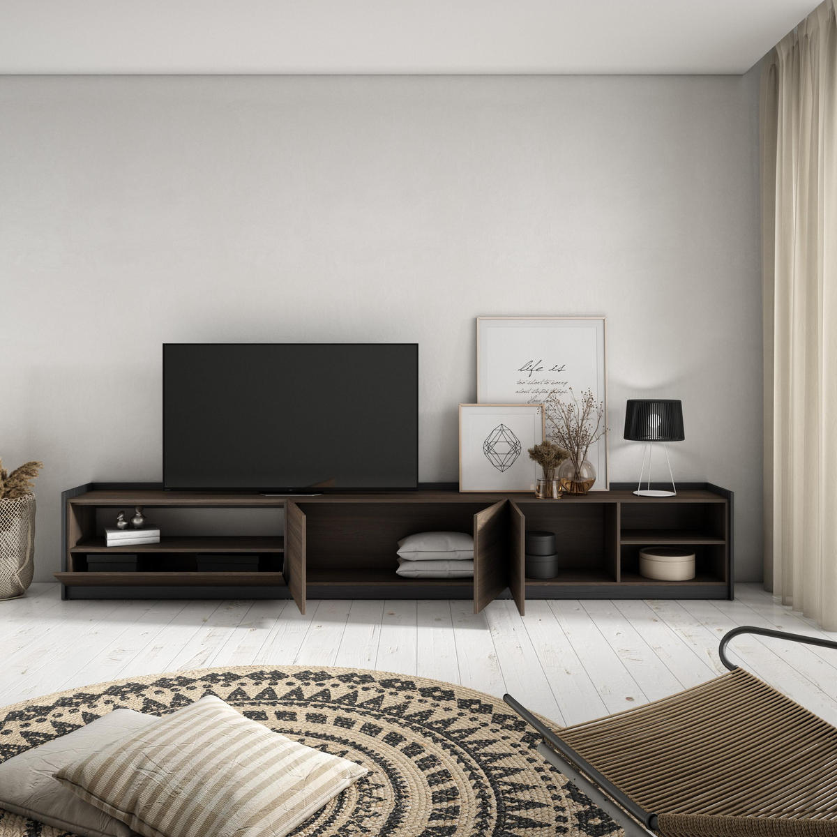 TV-SCHRANK, Lowboard, Dunkler Eiche und Schwarz, 310/37/50cm - Dunkelbraun, Holzwerkstoff (310/50/37cm) - Skraut Home