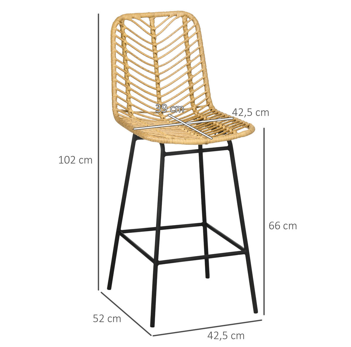 BARHOCKER 42,5/52/102 cm Gelb aus PE-Rattan und Stahl mit Fußstütze - Gelb, Metall (52/102/42.5cm) - OKMYHOME