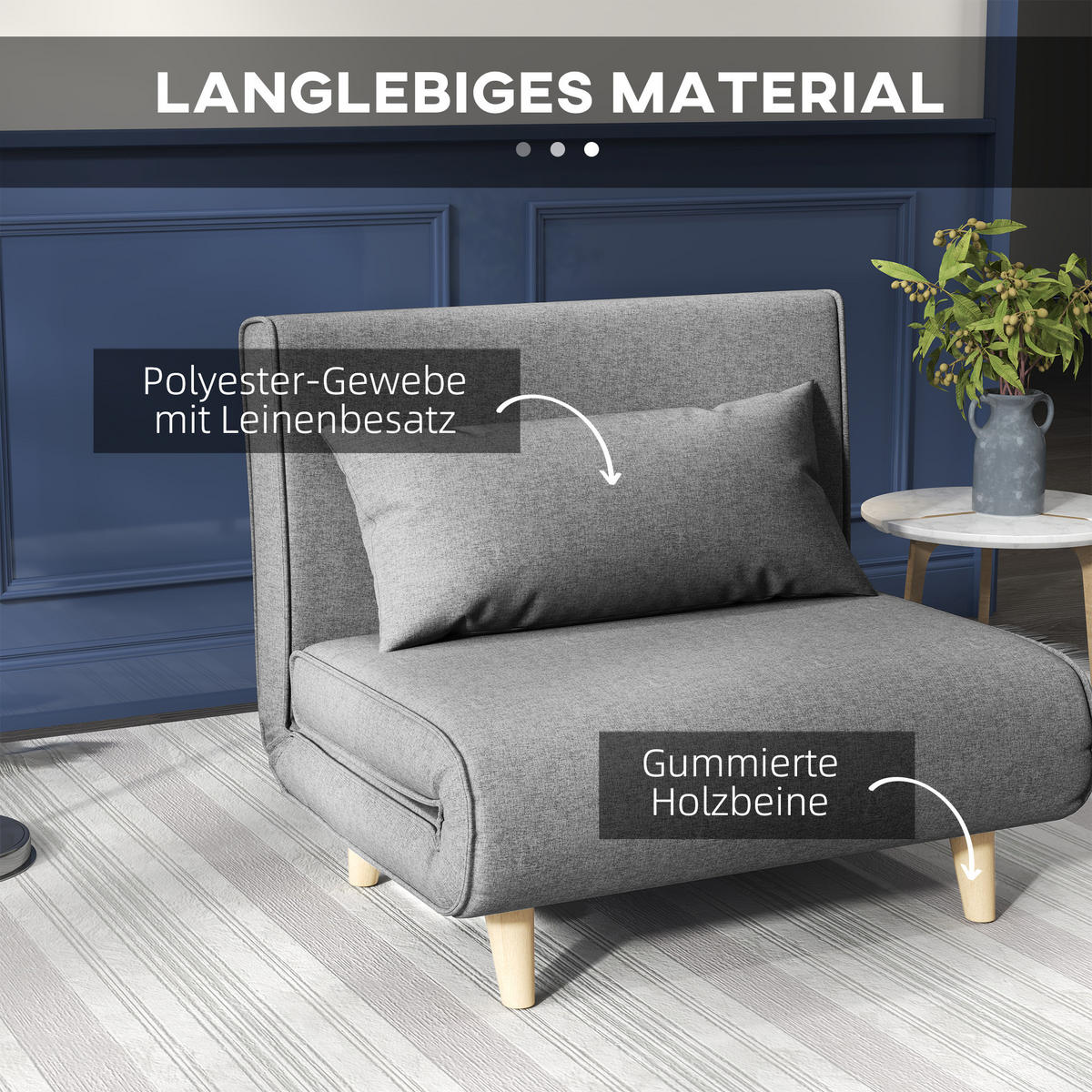 EINZELSOFA Sofabett Klappsofa verstellbar Rückenlehne nordisch skandinavisch - Naturfarben/Grau, Holz/Textil (78/80/94cm) - HOMCOM