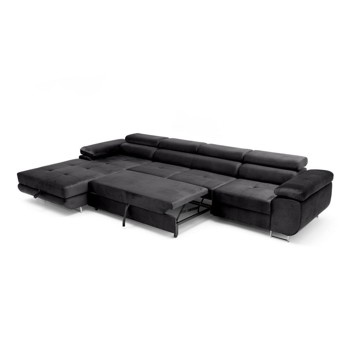 ECKSOFA ALONZO MAXI Links mit Schlaffunktion 125x195 Velours Schwarz - Silberfarben/Schwarz, Holz/Textil (350/203cm) - Muffo