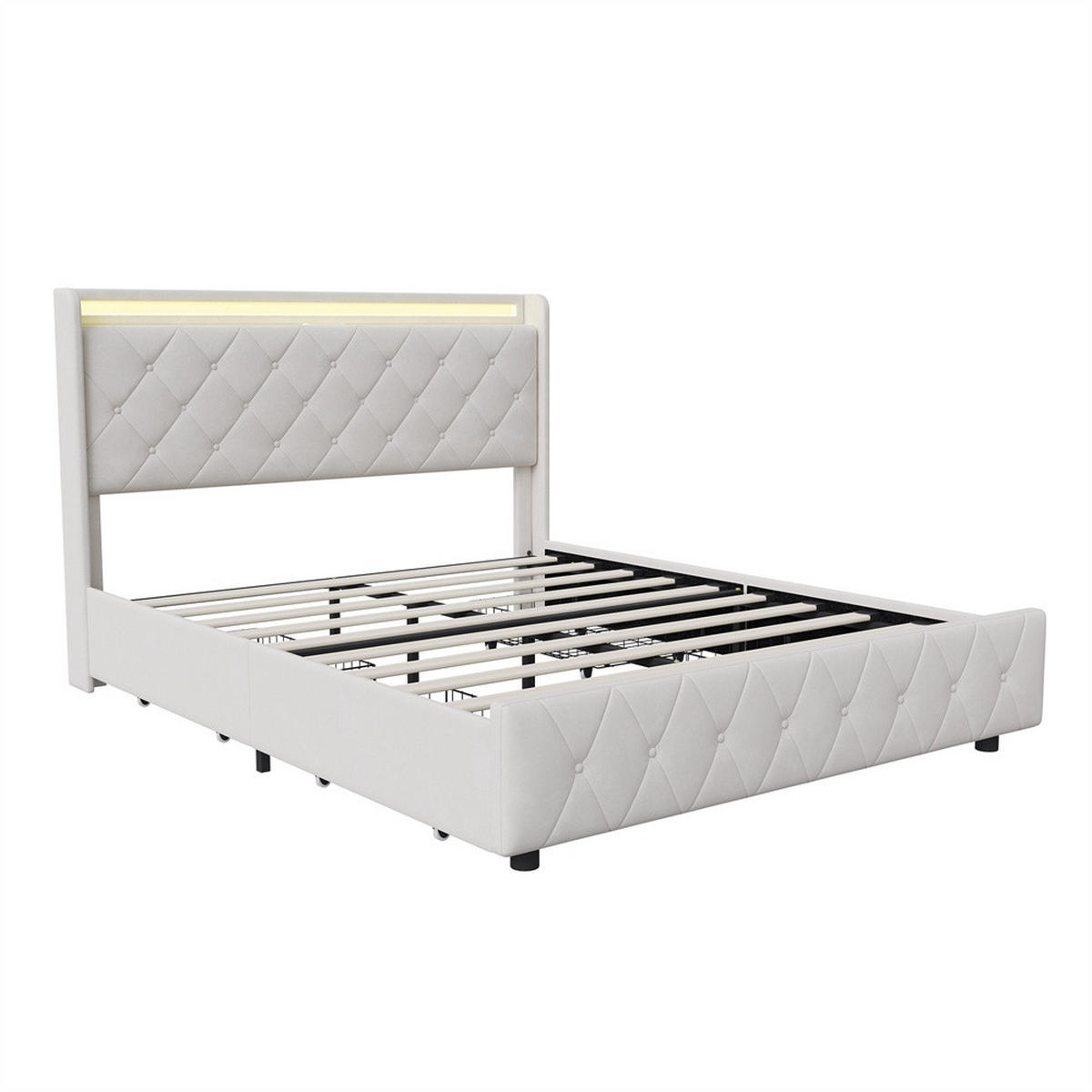 POLSTERBETT 160x200 cm mit 4 Schubladen & LED-Beleuchtung - USB-Anschlüsse - ohne Matratze - Beige - Beige, Textil (160/200cm) - DELFA