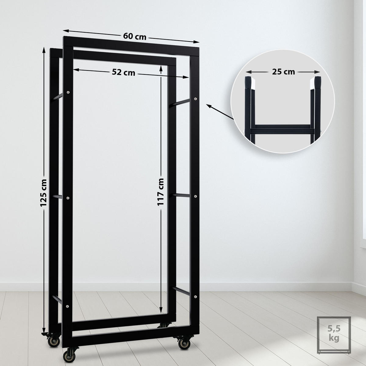 KAMINHOLZREGAL 60/25/125 cm Metall schwarz - Schwarz, Metall (60/125/25cm) - CLP