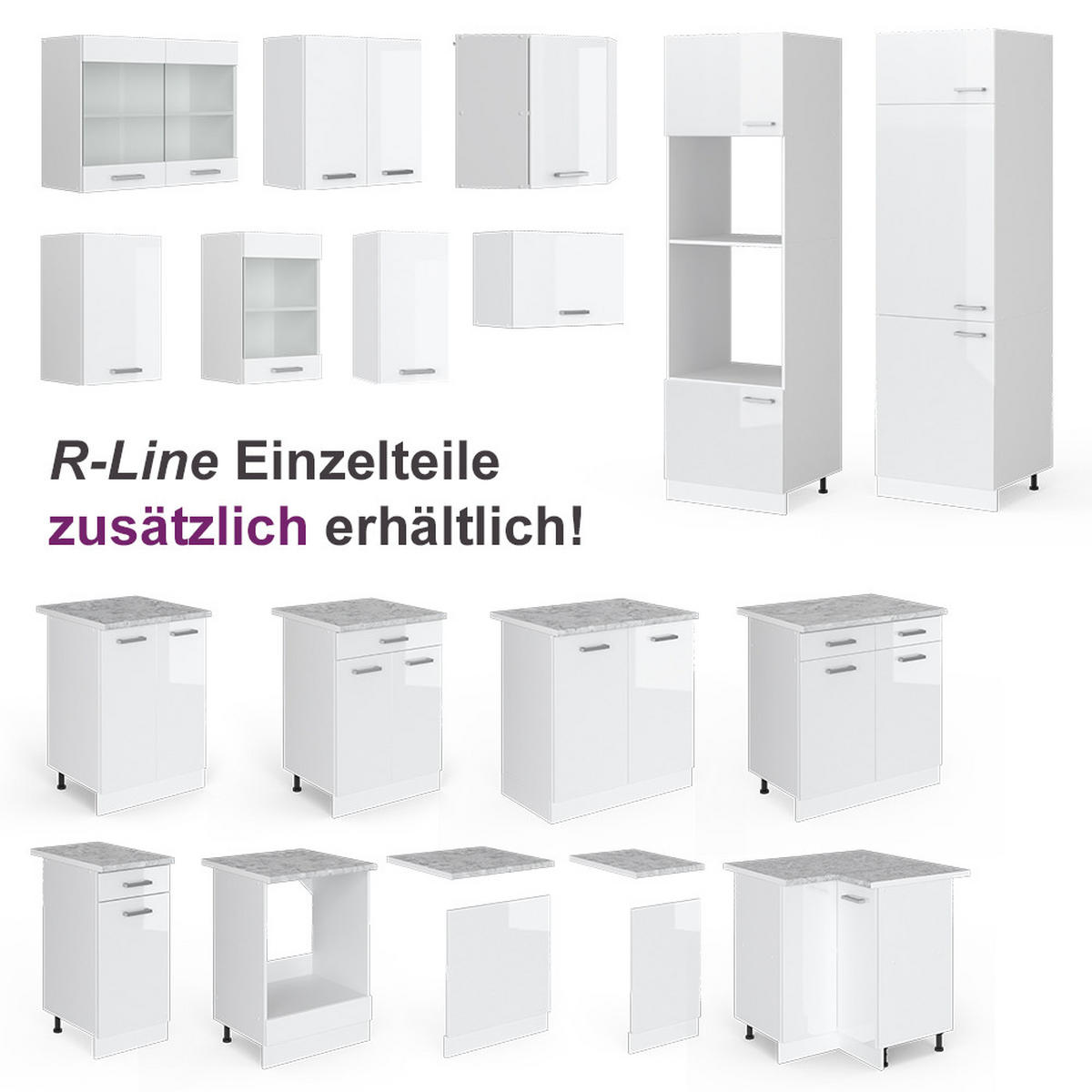 KÜCHENZEILE Raul Weiß 240 cm, AP Marmor mit LED-Leisten - Weiß Hochglanz/Weiß, Holzwerkstoff (240/81.6/60cm) - Vicco