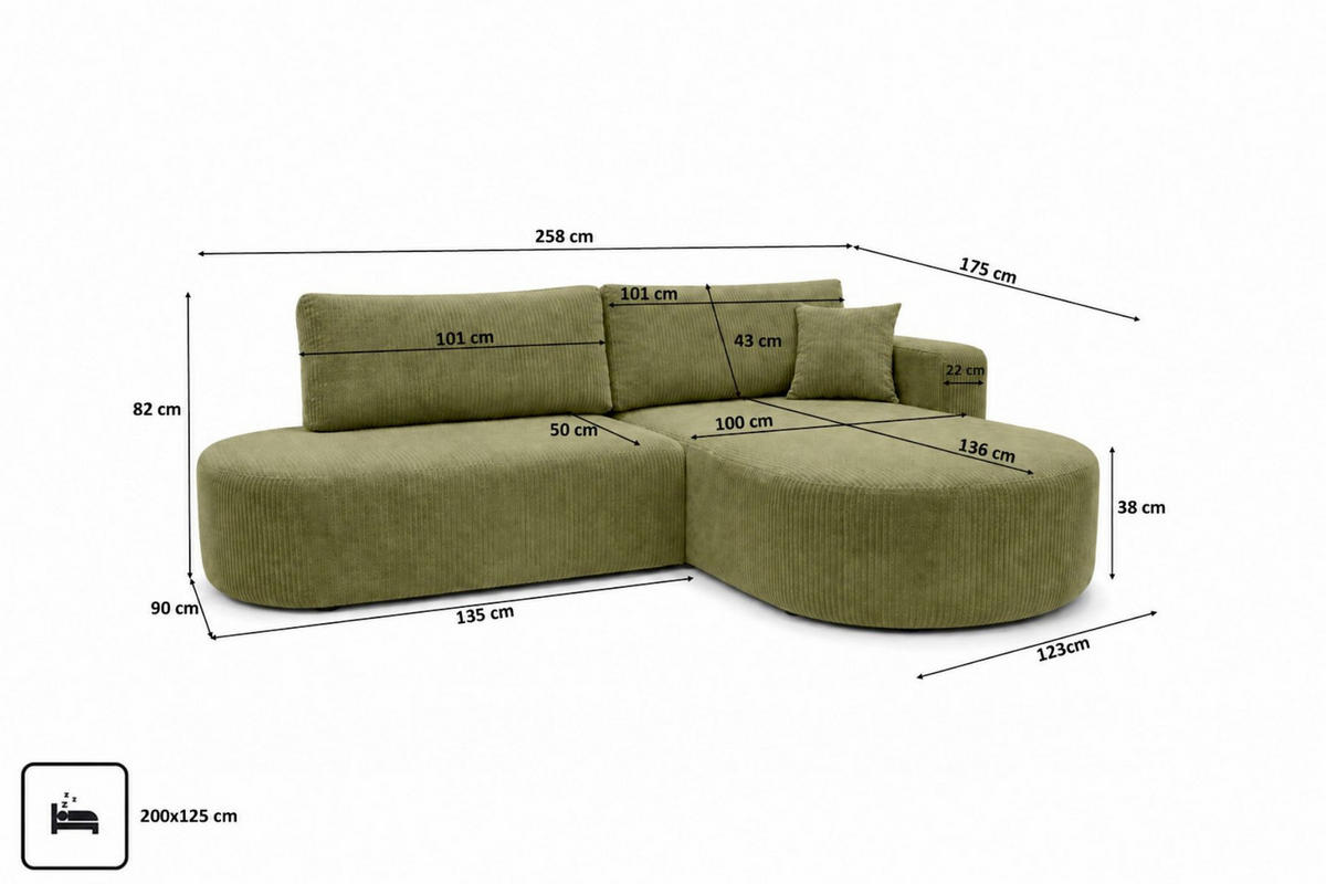 ECKSOFA Mit Schlaffunktion Und Bettkasten, Cordstoff Poso, Olive, Rechts, ROUND ONE OPEN XL - Olivgrün, Holz (258/175cm) - Kaiser Möbel