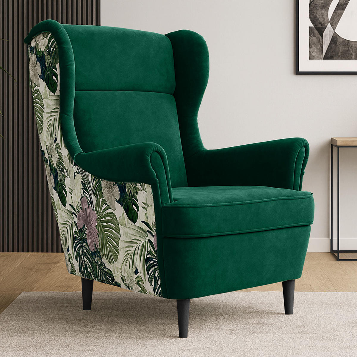 OHRENSESSEL Havana im skandinavischen Stil, Dunkelgrün, mit Beinen in Wengefarbe - Wengefarben/Dunkelgrün, Holzwerkstoff (82/102/92cm) - Beautysofa