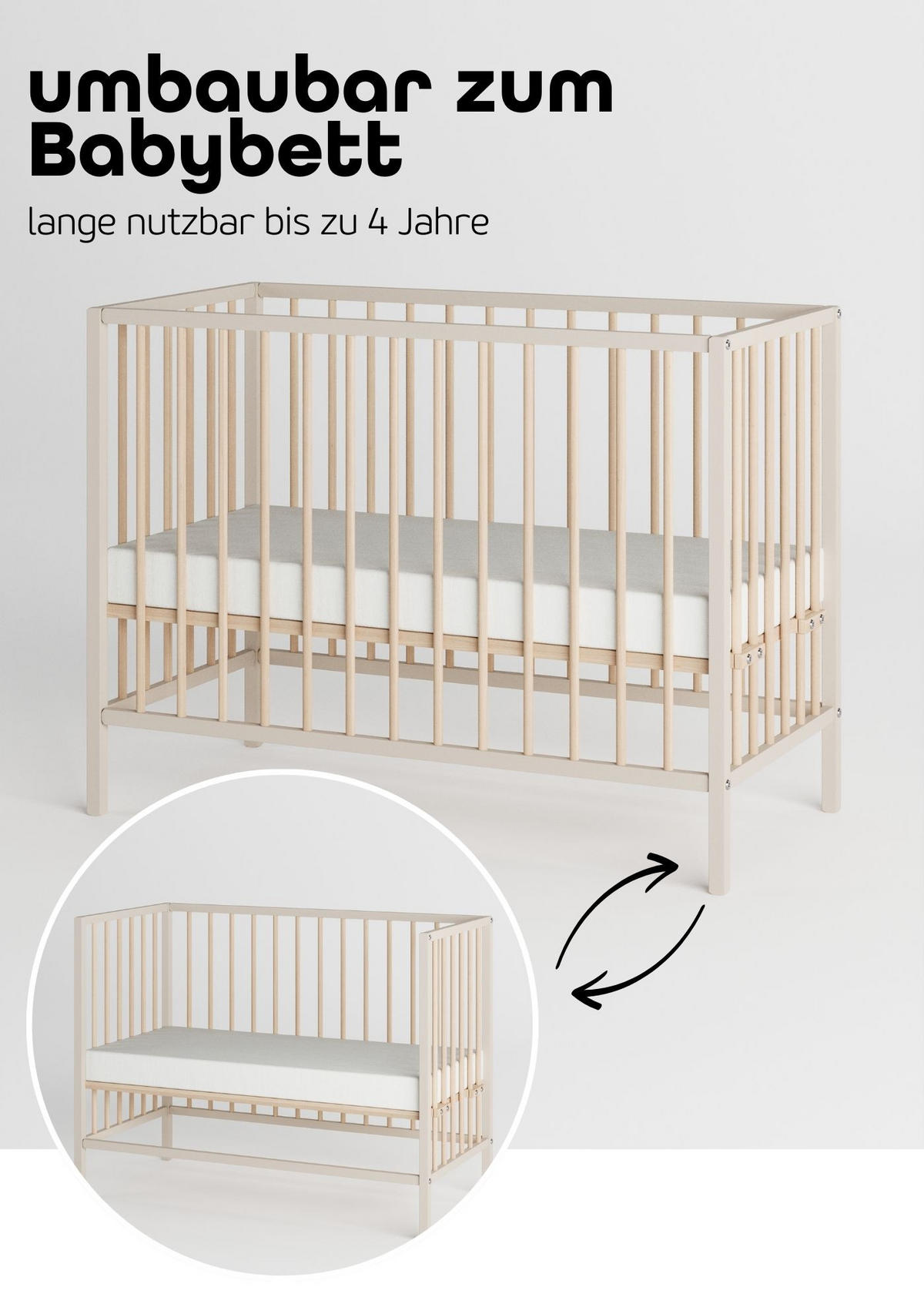 BEISTELLBETT mit Matratze Cloud Air & Umbauseite - sahara dust/natur - Dreamy 4 in 1 Bett - Sandfarben/Naturfarben, Holz (120/90/60cm) - Sämann – make a difference.