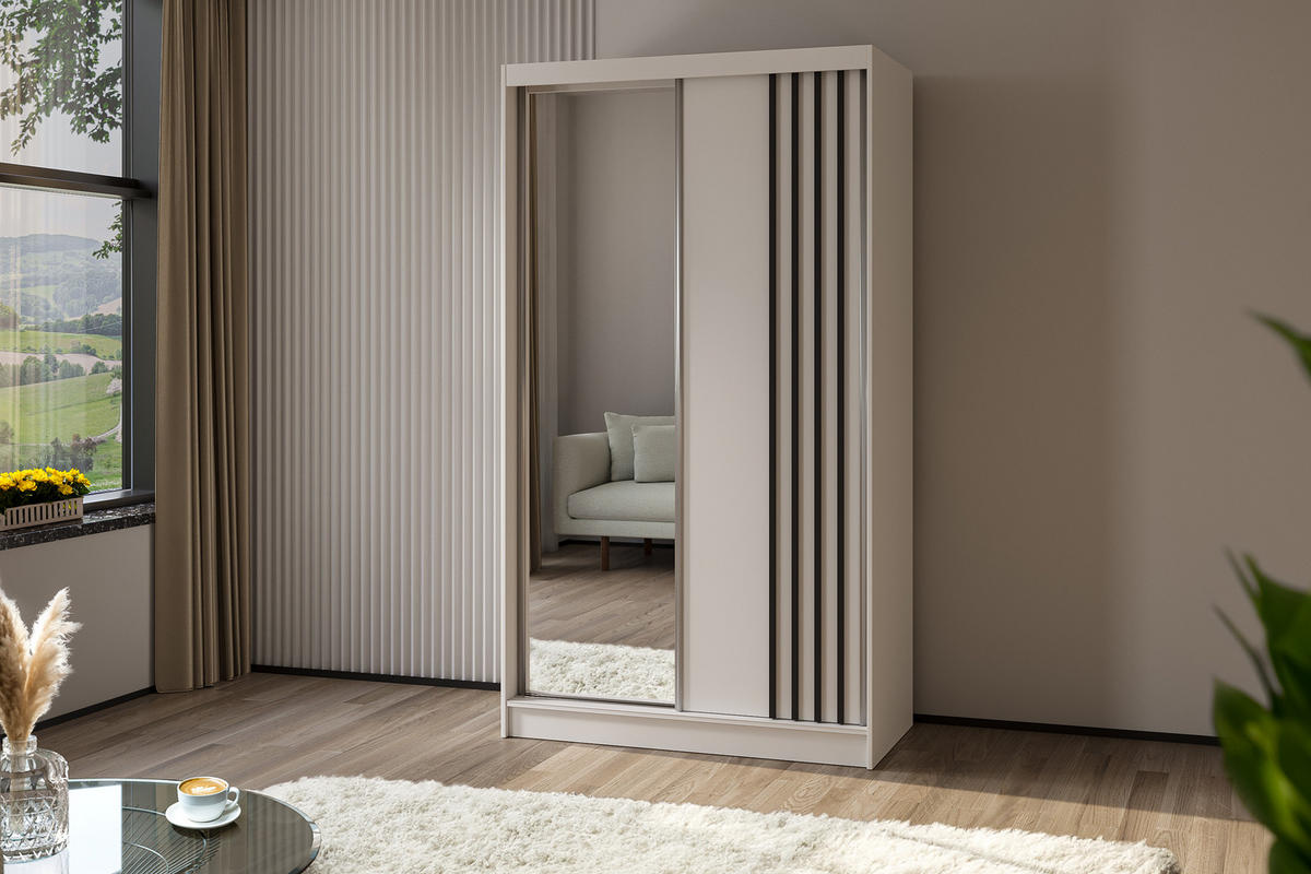 KLEIDERSCHRANK mit Spiegel-Schiebetüren und Aluminium-Leisten, LED-Beleuchtung - NALLA - 120 cm Weiß+Weiß+Schwarz - Schwarz/Weiß, Holzwerkstoff (120/216/61cm) - ALTDECOR