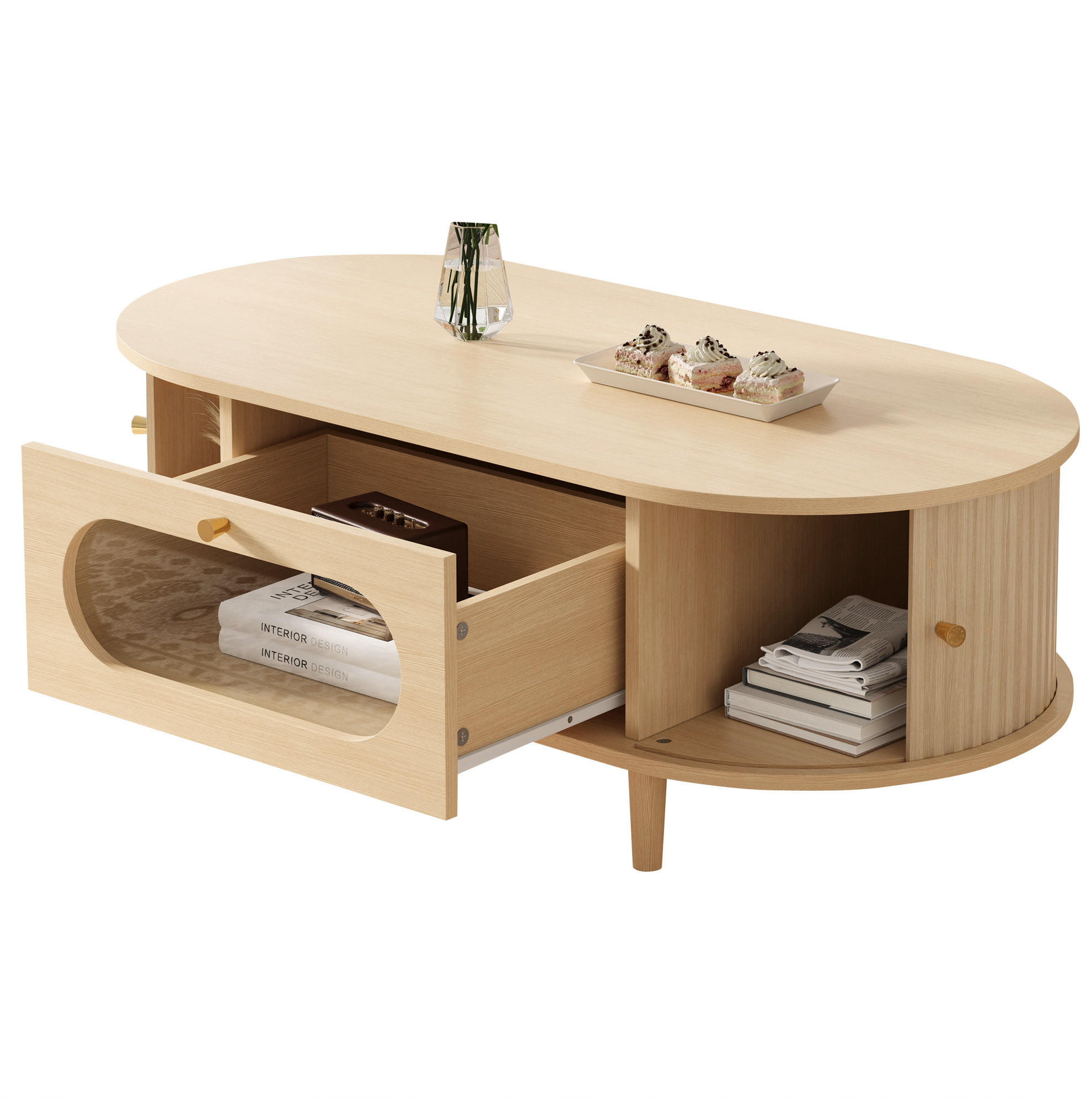 COUCHTISCH 100/50/36 cm aus MDF mit Schublade, 2 Rollladentüren und Glasfront, Eichefarben - Eichefarben, Holzwerkstoff (100/50/36cm) - Redom