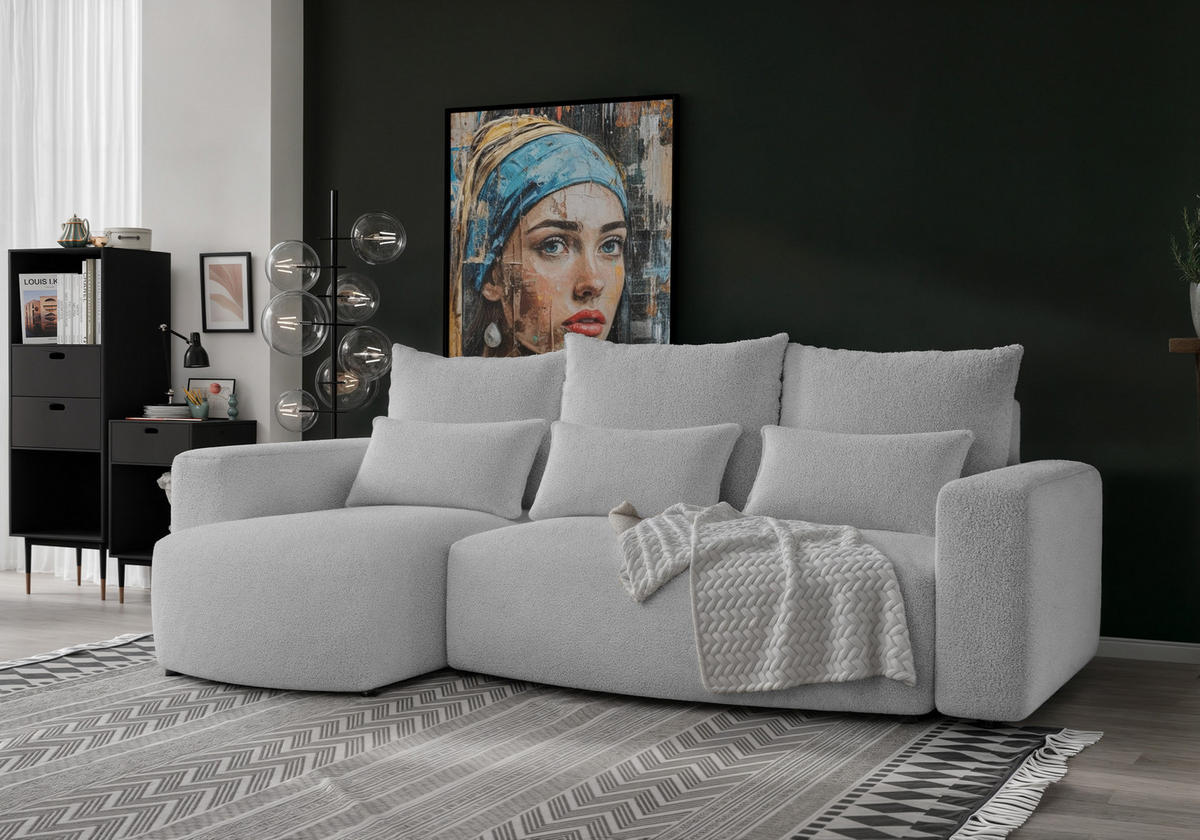 ECKSOFA Travis mit Bettkasten und Schlaffunktion, L-Form, Boucle, Universal - Hellgrau, Holzwerkstoff (248/148cm) - 4ALL HOME