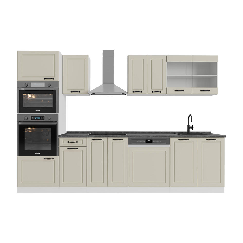 KÜCHENZEILE R-Line, Sand Landhaus/Weiß, 300 cm ohne Arbeitsplatte - Beige/Weiß, Holzwerkstoff (300/206.8/46cm) - Vicco