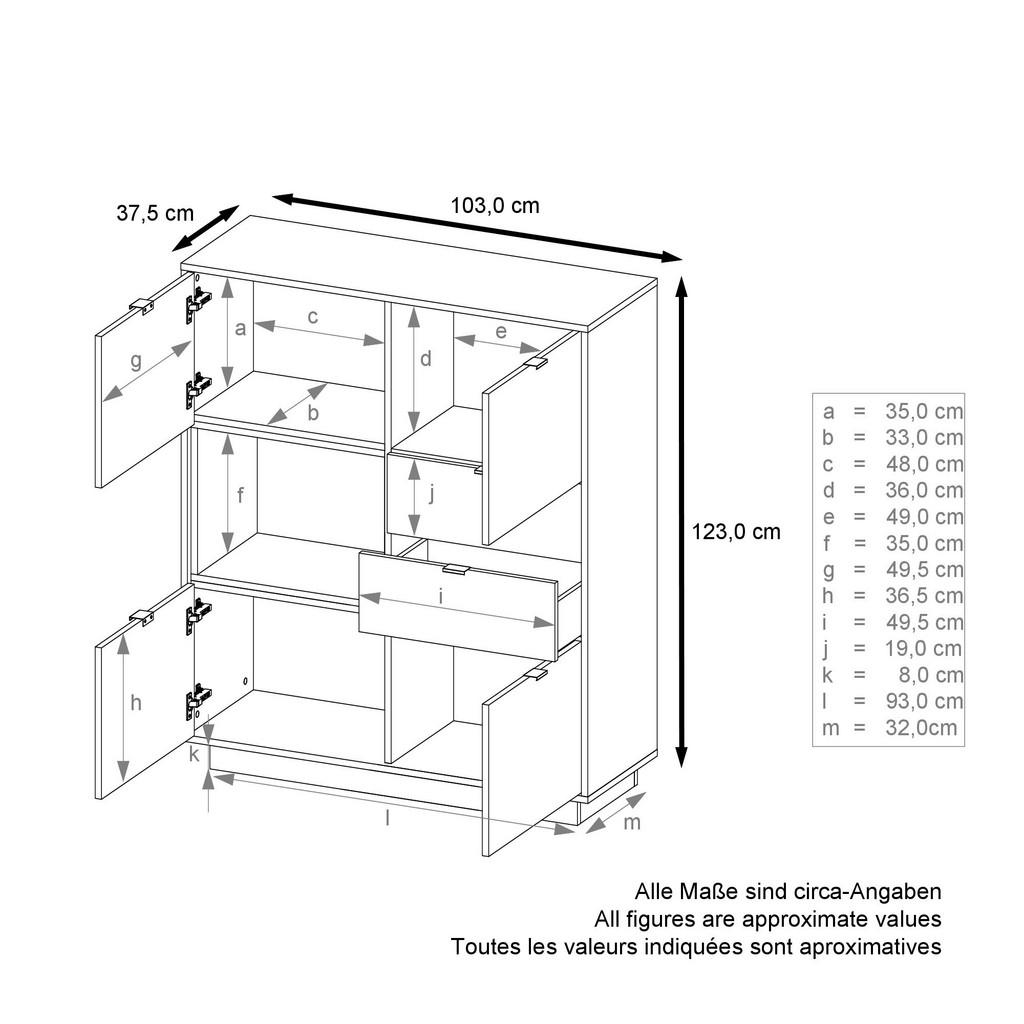 Thumbnail - Vladon Highboard, Grau, Holzwerkstoff, 103x123x38 cm, Wohnzimmer, Kommoden & Sideboards, Highboards