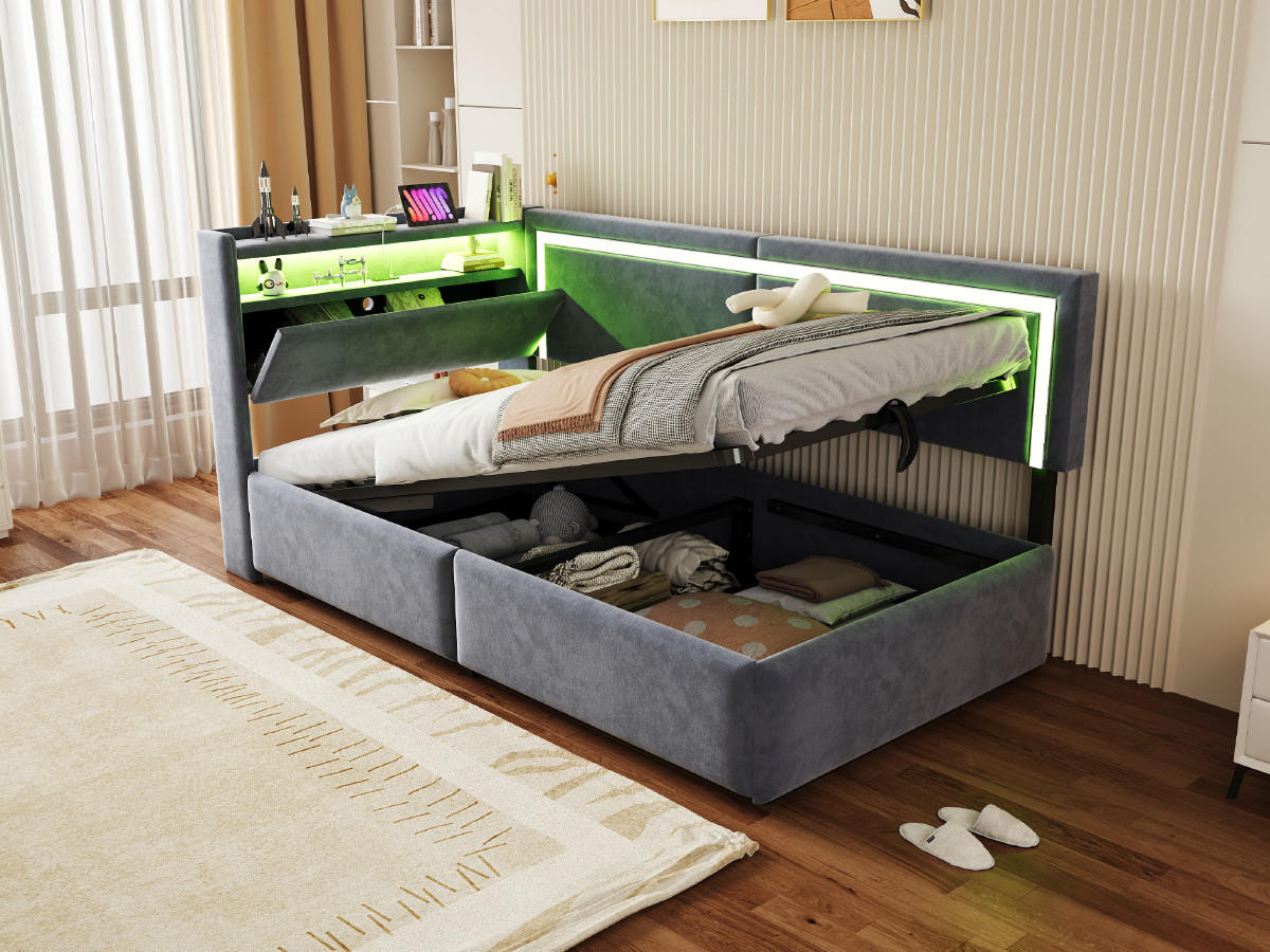SCHLAFSOFA mit Stauraum 90x200 cm Samt mit LED und USB - Grau, Metall (90/200cm) - Meubliv
