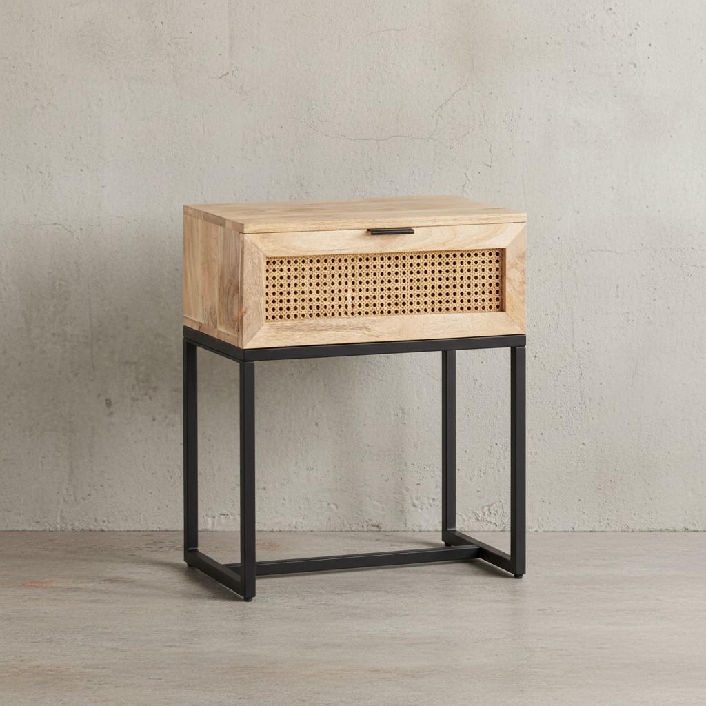 NACHTTISCH – Mango Massivholz/Rattan, 50x60x30 cm, 1 Schublade, Wiener Geflecht - Schwarz/Braun, Holz/Metall (50/60/30cm) - KADIMA DESIGN