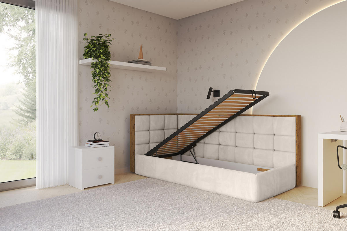 EINZELLBETT Jugendbett mit Bettkasten, Rechts - SOVY 100x200 Beige - Sandfarben, Holzwerkstoff/Textil (100/200cm) - ALTDECOR
