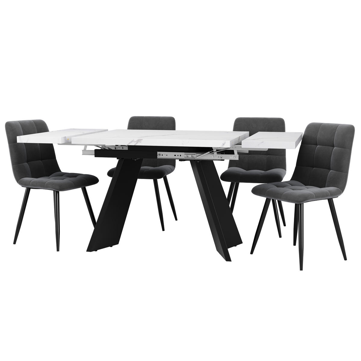 ESSTISCHSET 5-Teilig Ausziehbar 160x80 Cm, 4 Graue Samtstühle, Weiß - Multicolor, Metall (74/77/160cm) - FLIEKS