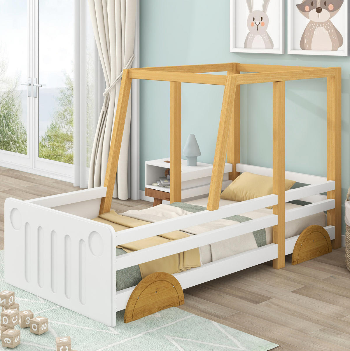 KINDERBETT 90/200 cm in Autoform mit Rundum-Schutz und MDF-Rädern, Weiß/Natur - Weiß, Holz (90/200cm) - Redom