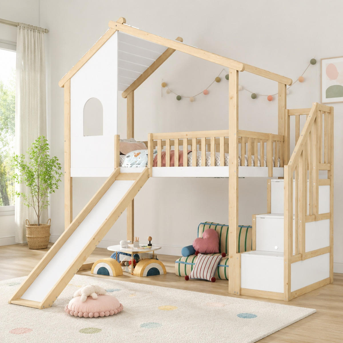 HOCHBETT 90/200 mit Stauraumleiter und Rutsche in Natur + Weiß - Multicolor, Holz (90/200cm) - EVRYAE