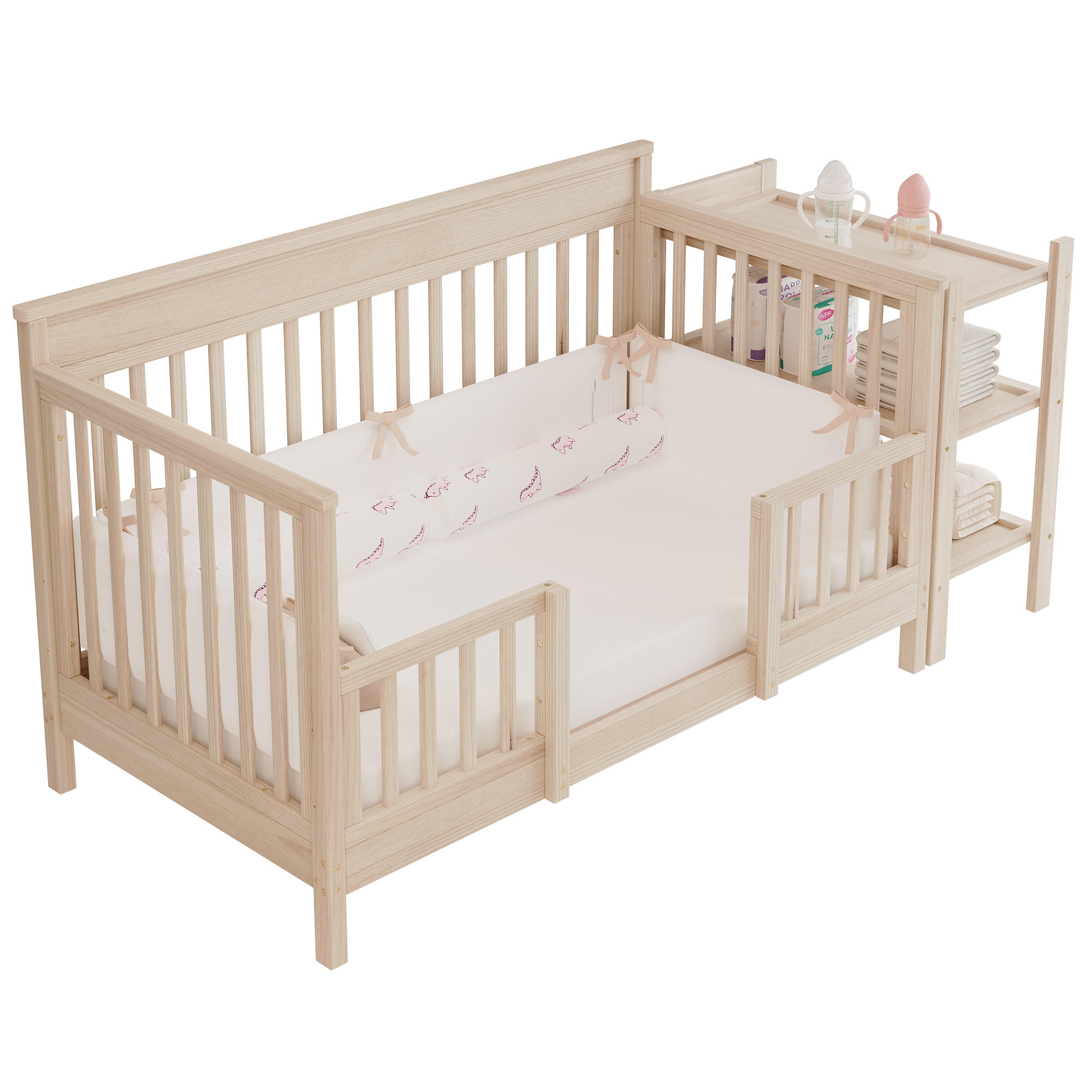 KINDERBETT 140/70 cm in Natur aus Kiefernholz mit Wickeltisch, Regal und Schutzgitter - Naturfarben, Holz/Holzwerkstoff (70/140cm) - WISHDOR