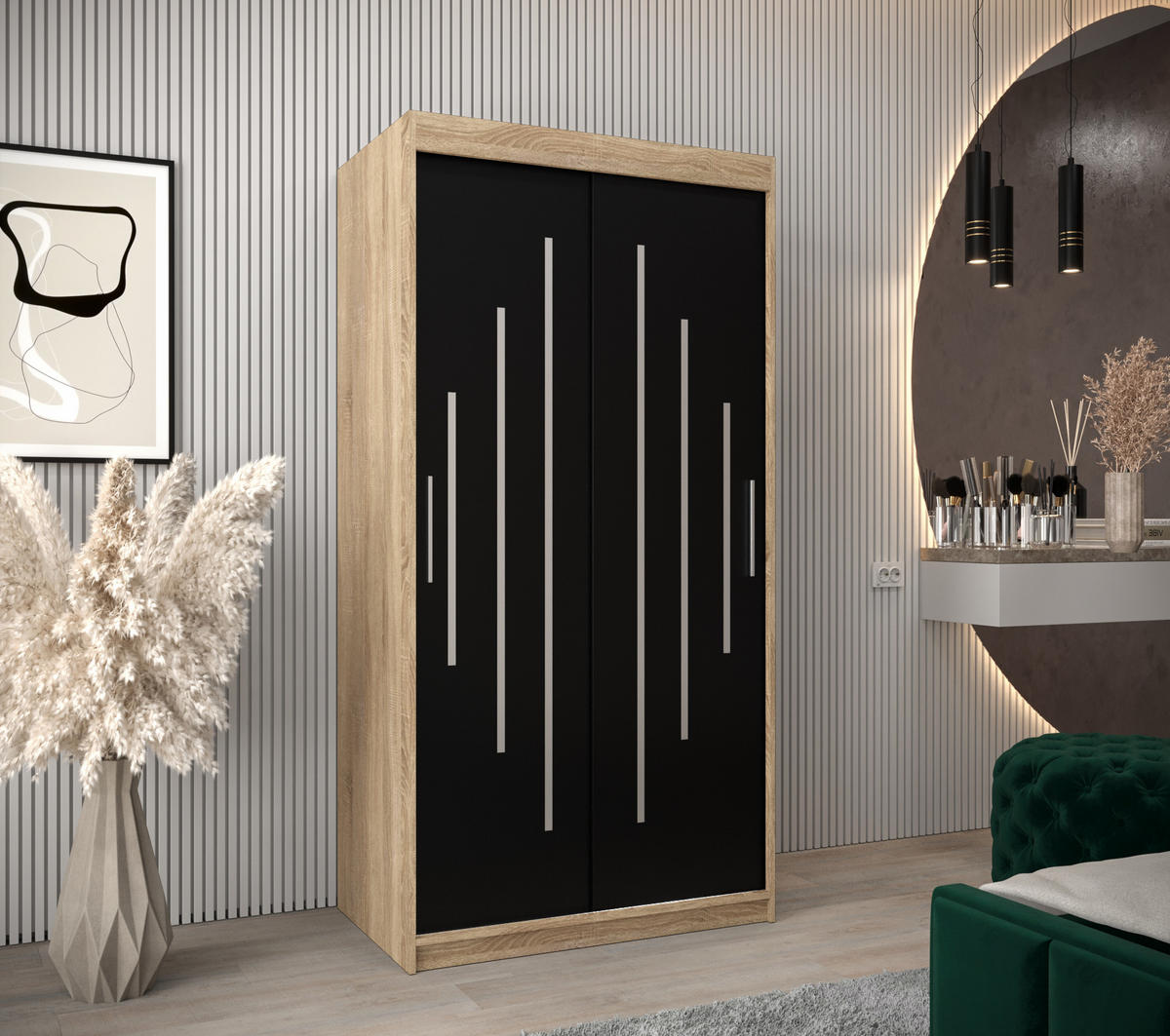 SCHWEBETÜRENSCHRANK 200/100/62 2-türig - Silberfarben/Schwarz, Holz/Kunststoff (100/200/62cm) - Abiks Möbel