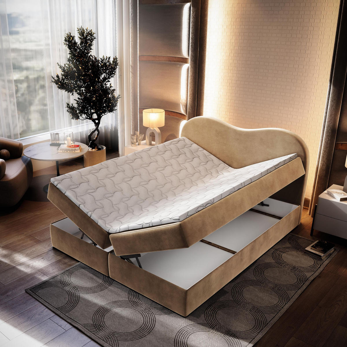 BOXBETT FLUVIA M 180x200 cm mit Matratze und Topper - Beige - Beige, Holz (180/200cm) - MASSENO