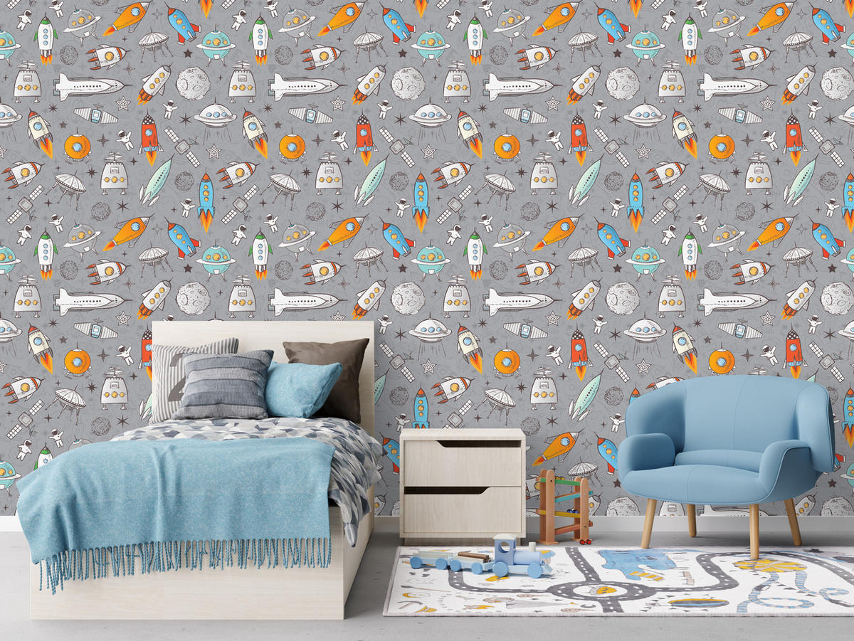 VLIESTAPETE Raketen und Astronauten – Bunt, Grau – 50x1000 cm - Multicolor/Grau, Papier (50/1000cm) - Muralo