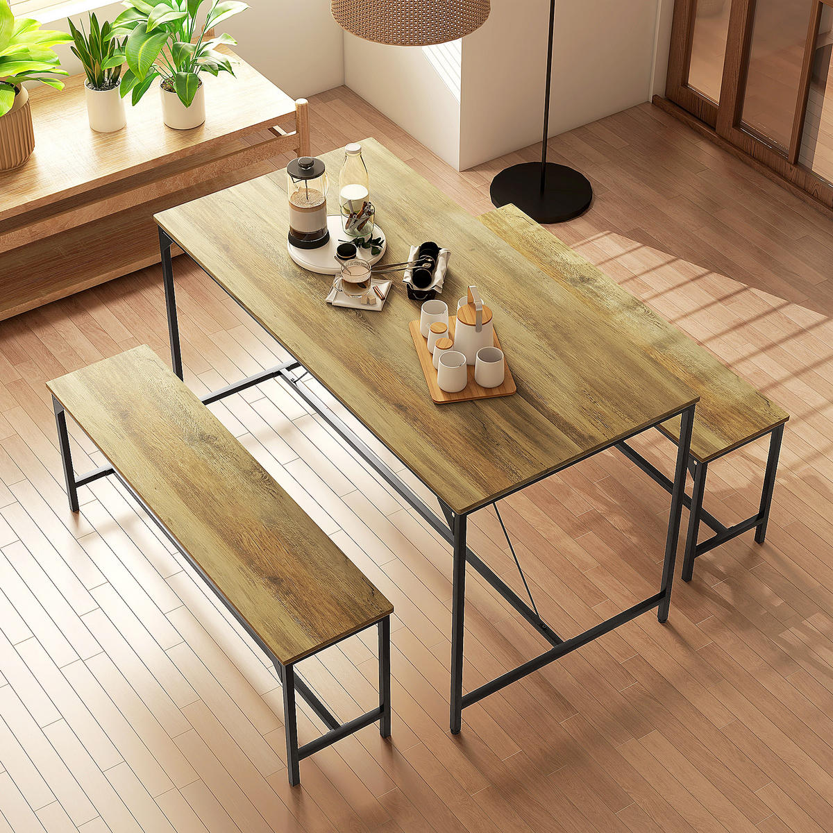 ESSGRUPPE, Spanplatte, Stahl, Naturholz - Naturfarben, Kunststoff (70/76/140cm) - HOMCOM