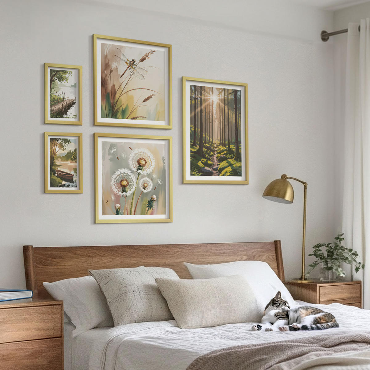 BILDER SET 5er Set - 50x50 cm & 20x30 cm & 40x60 cm Goldrahmen - See, Wald, Boot, Morgennebel - Goldfarben, Kunststoff (40/60cm) - TULUP