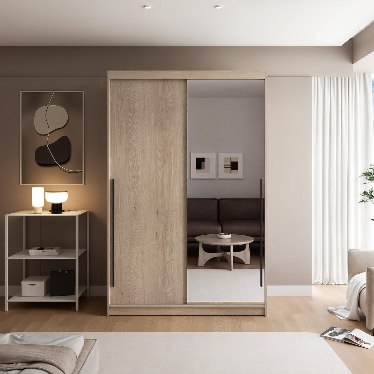 SCHIEBETÜRENSCHRANK SILENTE 140 cm mit Einlegeböden und Kleiderstange - Beige, Holzwerkstoff (140/205/60cm) - Idohome