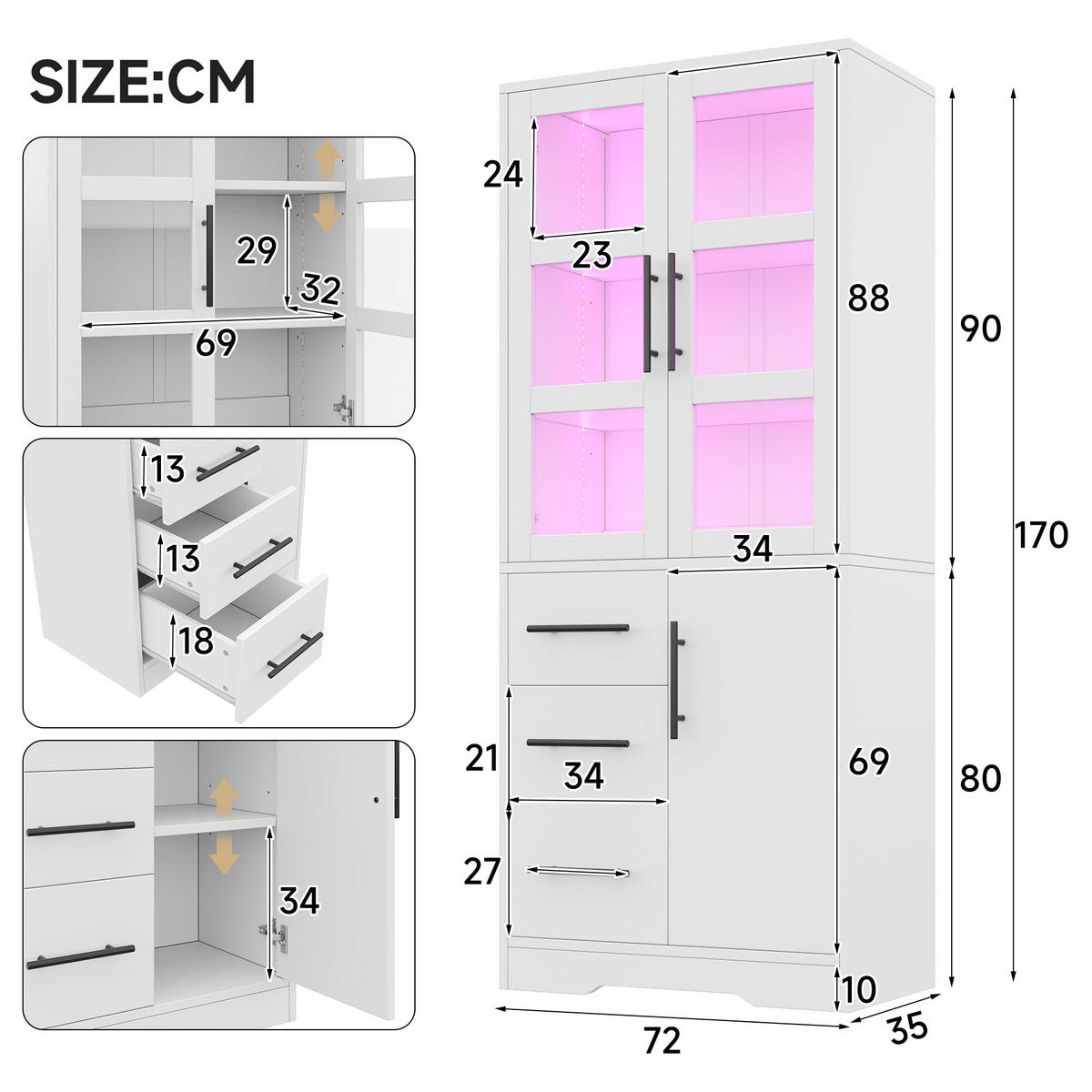 BADEZIMMERSCHRANK in Weiß Aufbewahrungsschrank mit Verstellbare Einlegeböden und App-gesteuertes LED, B72/T35/H170cm - Weiß, Glas/Holzwerkstoff (72/170/35cm) - STILVORA