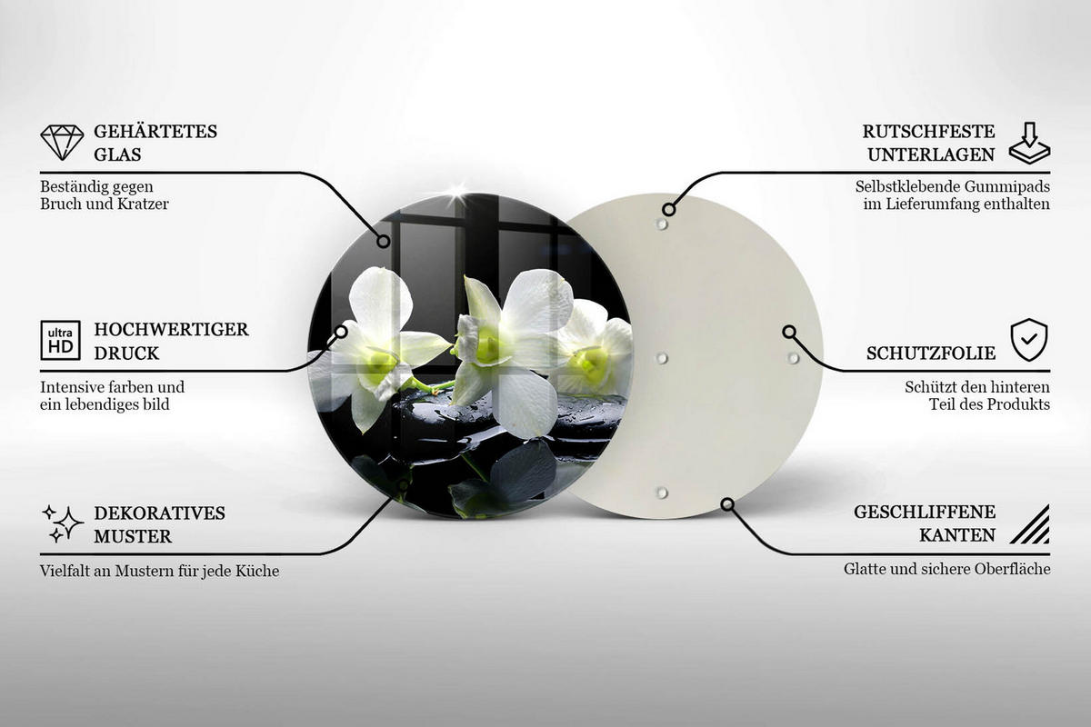 GLASPLATTE Ø 30 cm Zen Weiße Blumen im Wasser - Schwarz, Glas (30/30cm) - Wallfluent