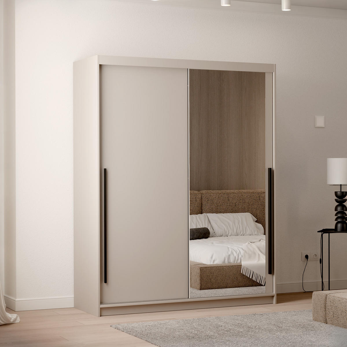 SCHIEBETÜRENSCHRANK SILENTE 160 cm mit Einlegeböden und Kleiderstange - Beige, Holzwerkstoff (160/205/60cm) - Idohome