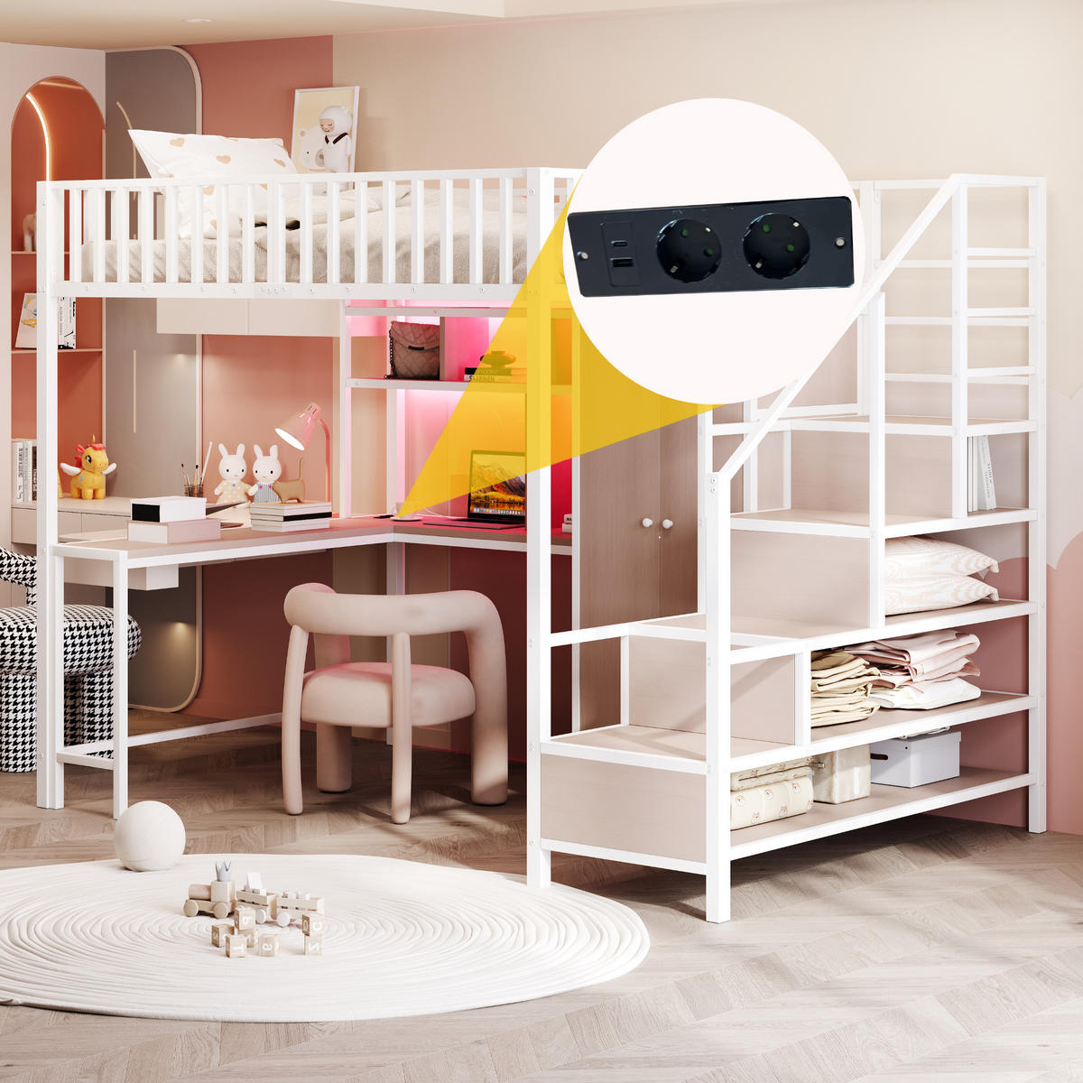 HOCHBETT 140/200 cm weiß aus Metall mit Schreibtisch Regal LED und USB - Weiß, Metall (140/200cm) - OKWISH