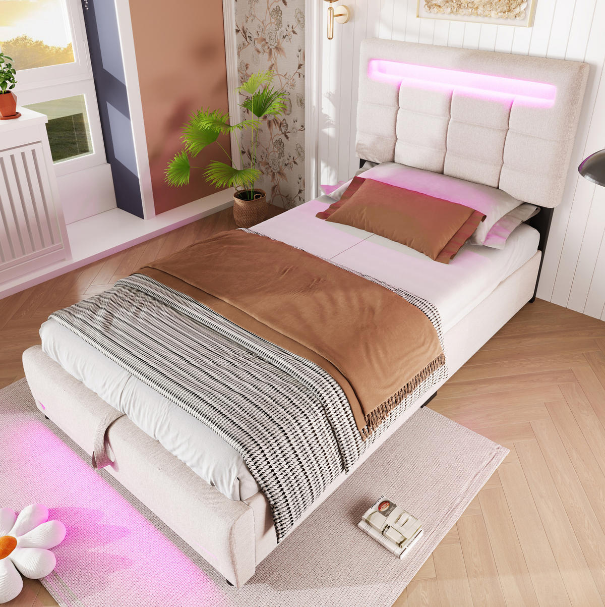 POLSTERBETT 90/200 cm mit Bettkasten, LED-Beleuchtung und USB in Beige - Beige, Textil (90/200cm) - BEAOK