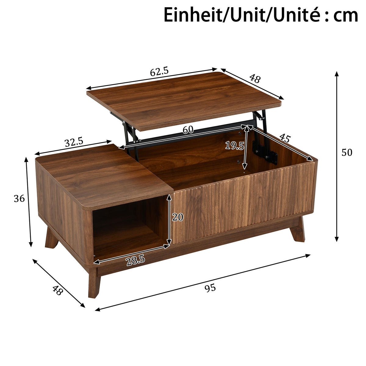 COUCHTISCH 95/48/50 cm mit höhenverstellbarer Tischplatte und Stauraum, Wellenoptik, Nussbaum - Walnussfarben, Holzwerkstoff (95/48/50cm) - Redom