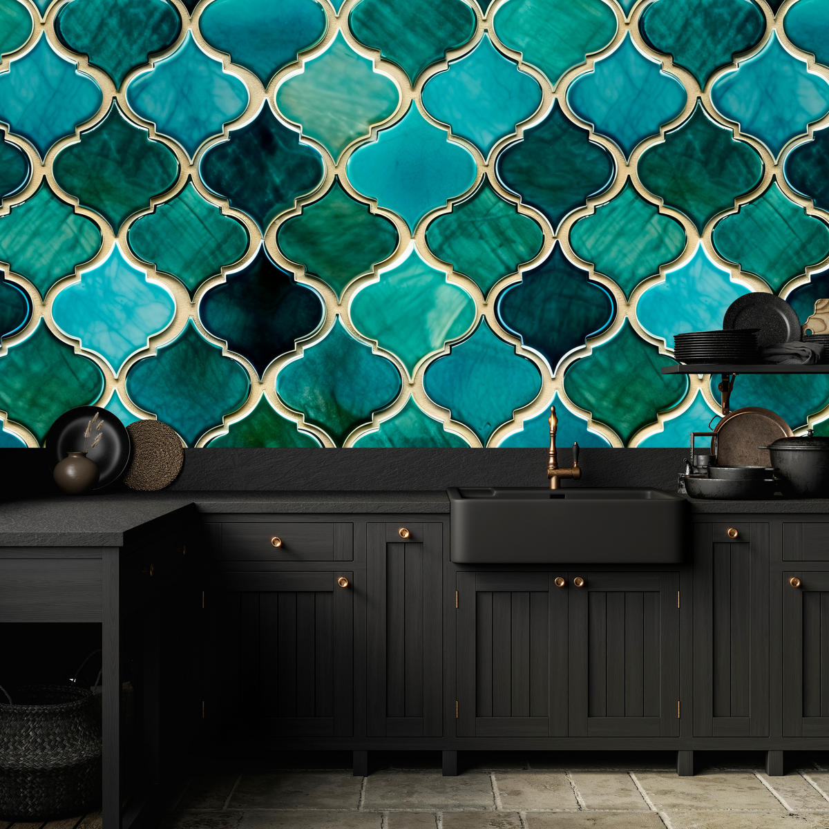 FOTOTAPETE für Küche Formen Türkisfarbenes Marokkanisches Mosaik 450x315 - Türkis, Papier (450/315cm) - Muralo