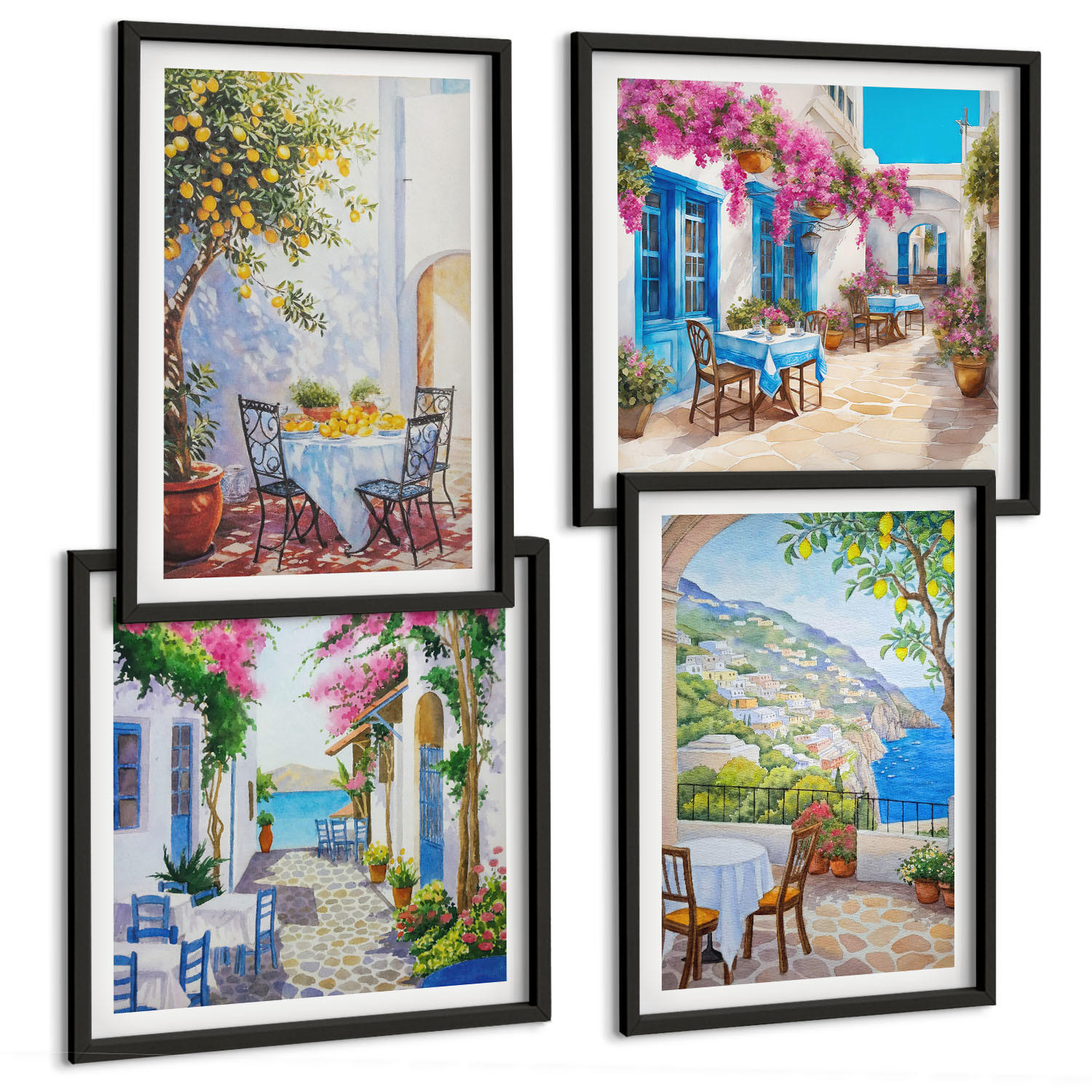 BILDER SET 4er Set - 50x50 cm & 40x60 cm Schwarzer Rahmen - Charmante Straßen mit Pflanzen - Schwarz, Kunststoff (50/50cm) - TULUP