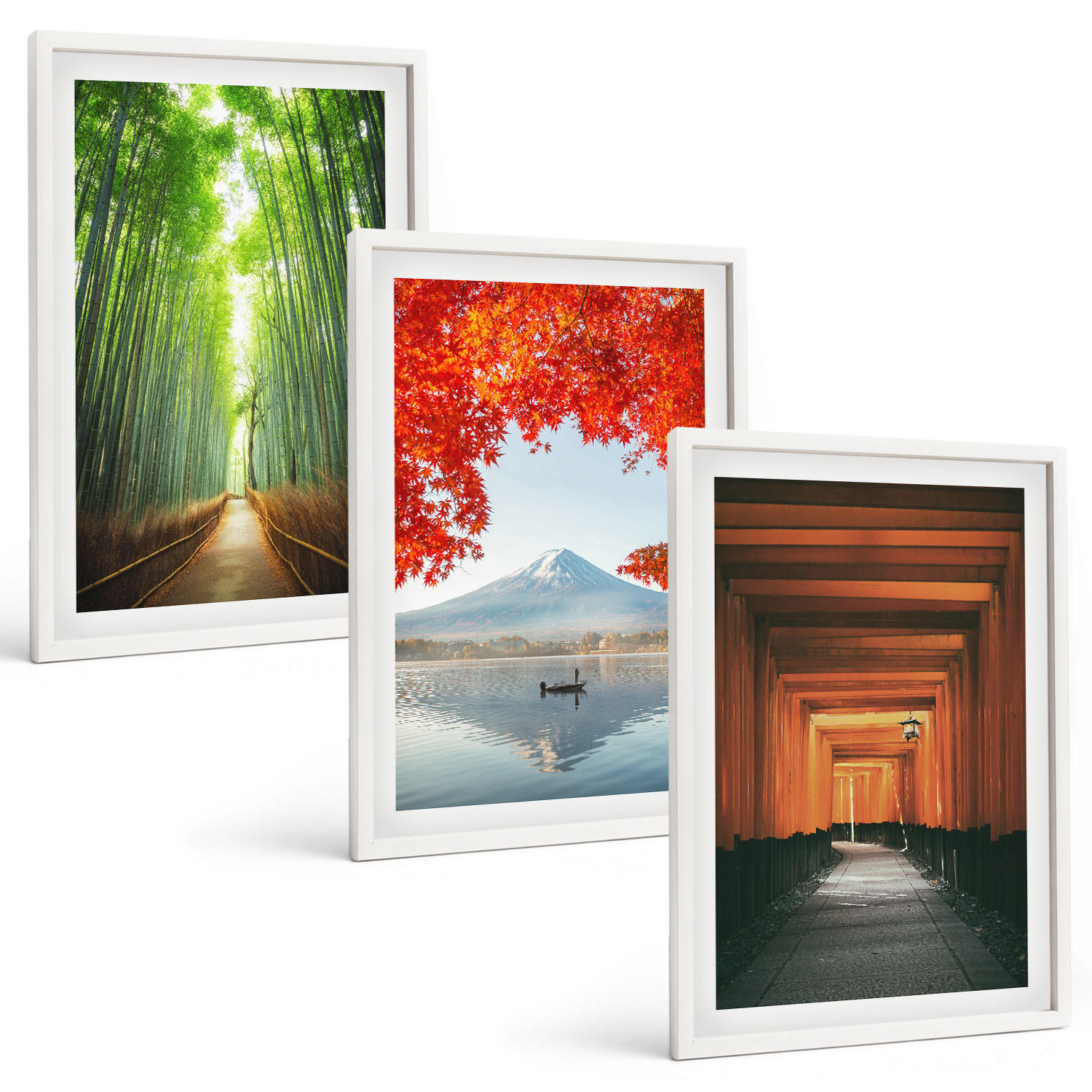 BILDER SET 3er Set - 40x60 cm Weißer Rahmen - Fuji-Bambuswaldlandschaft - Weiß, Kunststoff (40/60cm) - TULUP