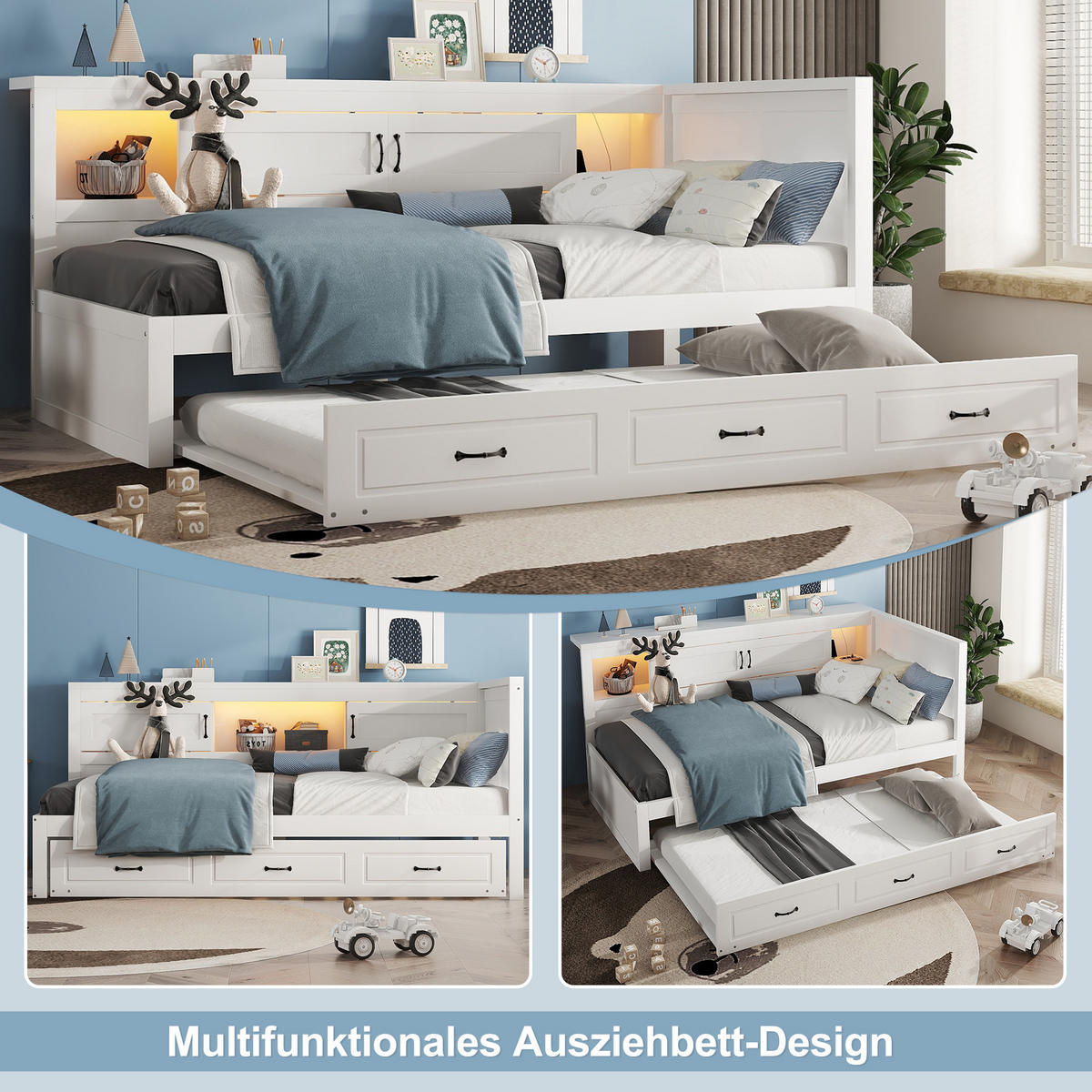 SCHLAFSOFA 90x200cm Weiß LED-Licht Bettseite Staufach Ausziehbett USB - Weiß, Holz (90/200cm) - FLIEKS