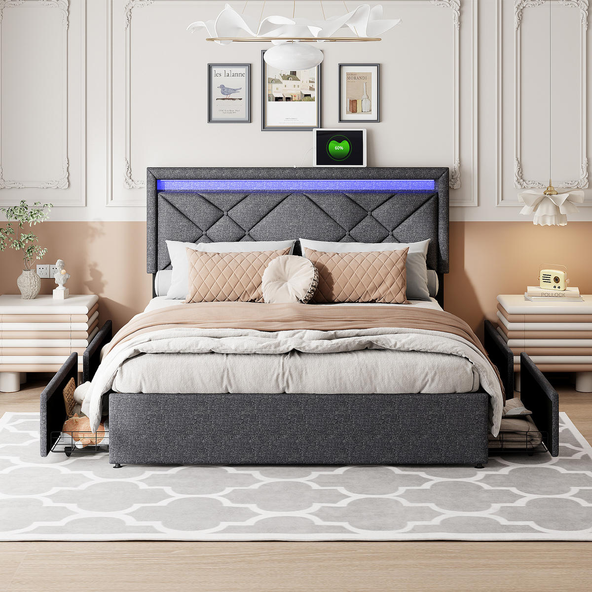 POLSTERBETT 160x200 cm, Grau, mit USB & Type-C, LED-Beleuchtung - Grau, Textil/Metall (160/200cm)