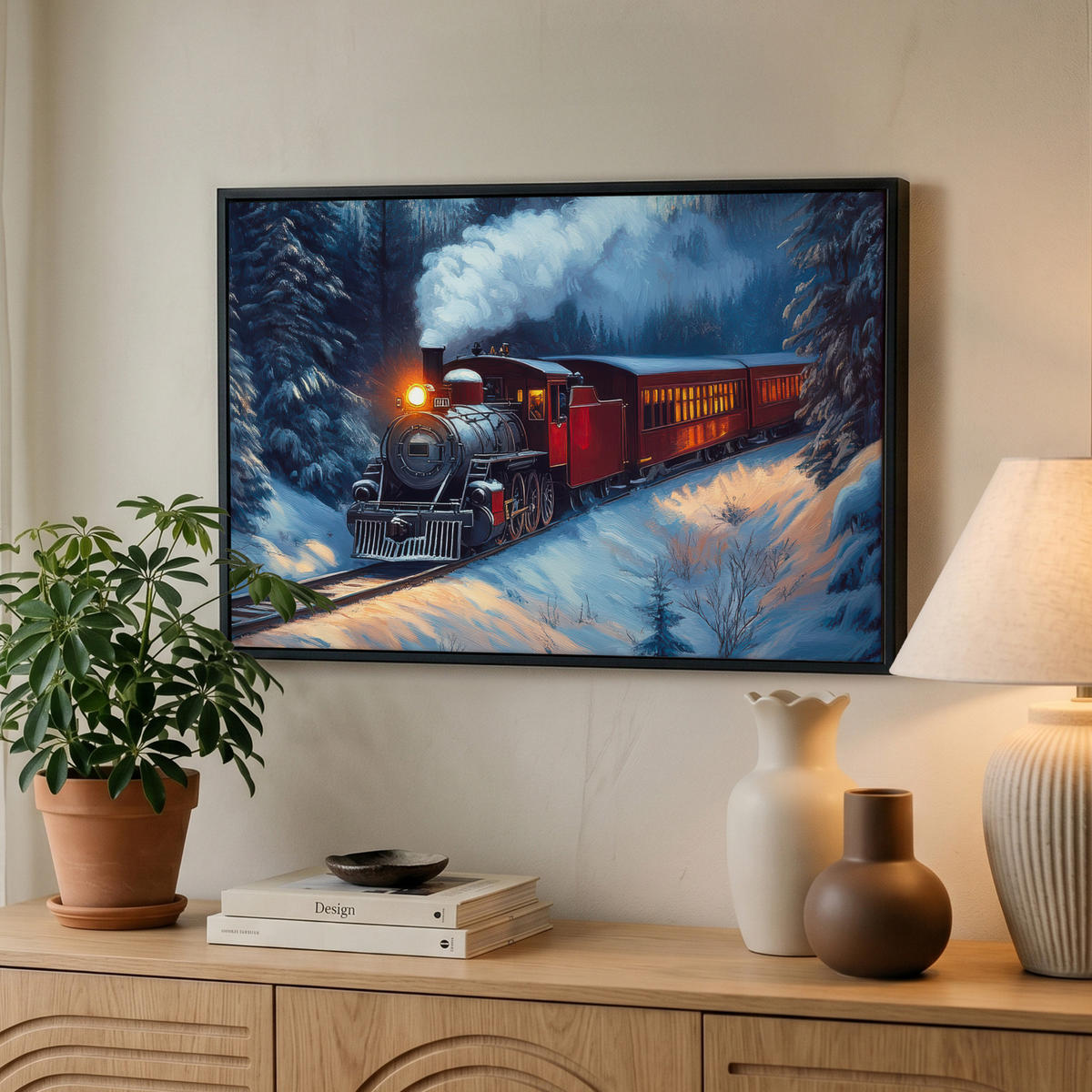 LEINWAND Bilder mit Rahmen - Zug - Weihnachten - Schnee - Weihnachtszug - 60x40 - Anthrazit, Textil (60/40cm) - MuchoWow