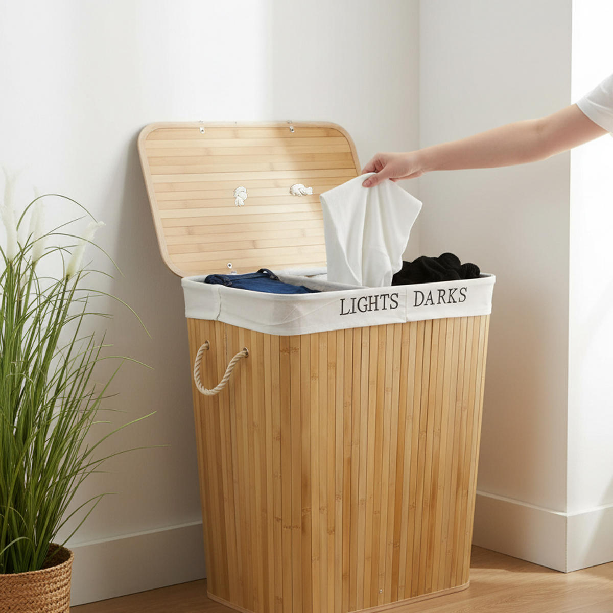 TVÄTTKORG Natur bambu 2 fack lock 105 l - Ljusbrun, Trä/Textil (52/63/32cm) - Relaxdays