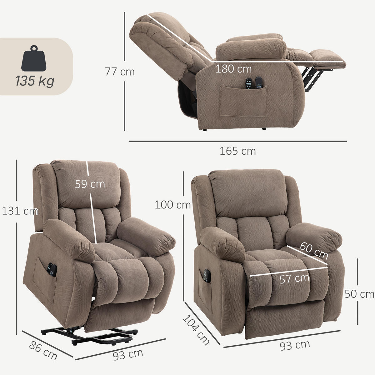 FERNSEHSESSEL-MIT-AUFSTEHHILFE Samt Braun - Hellbraun/Schwarz, Holz/Textil (104/100/93cm) - HOMCOM