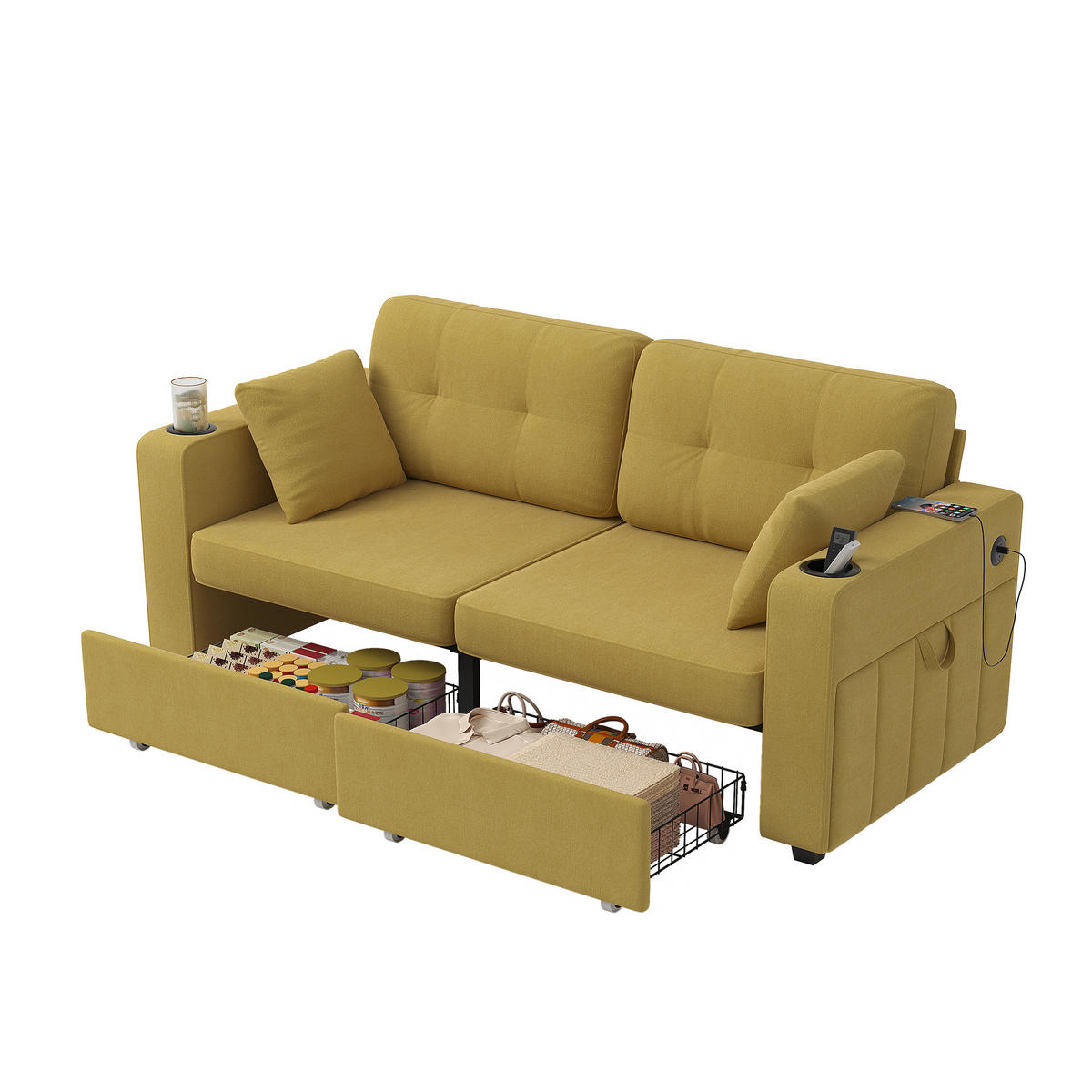 2-SITZER-SOFA DE-33930 mit 2 Stauraumschubladen Gelb - Gelb, Metall (75/82/172cm) - ComfortXL